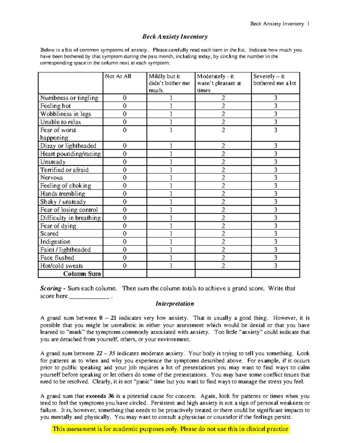 Beck's Anxiety Inventory - Please carefully read each item in the list ...