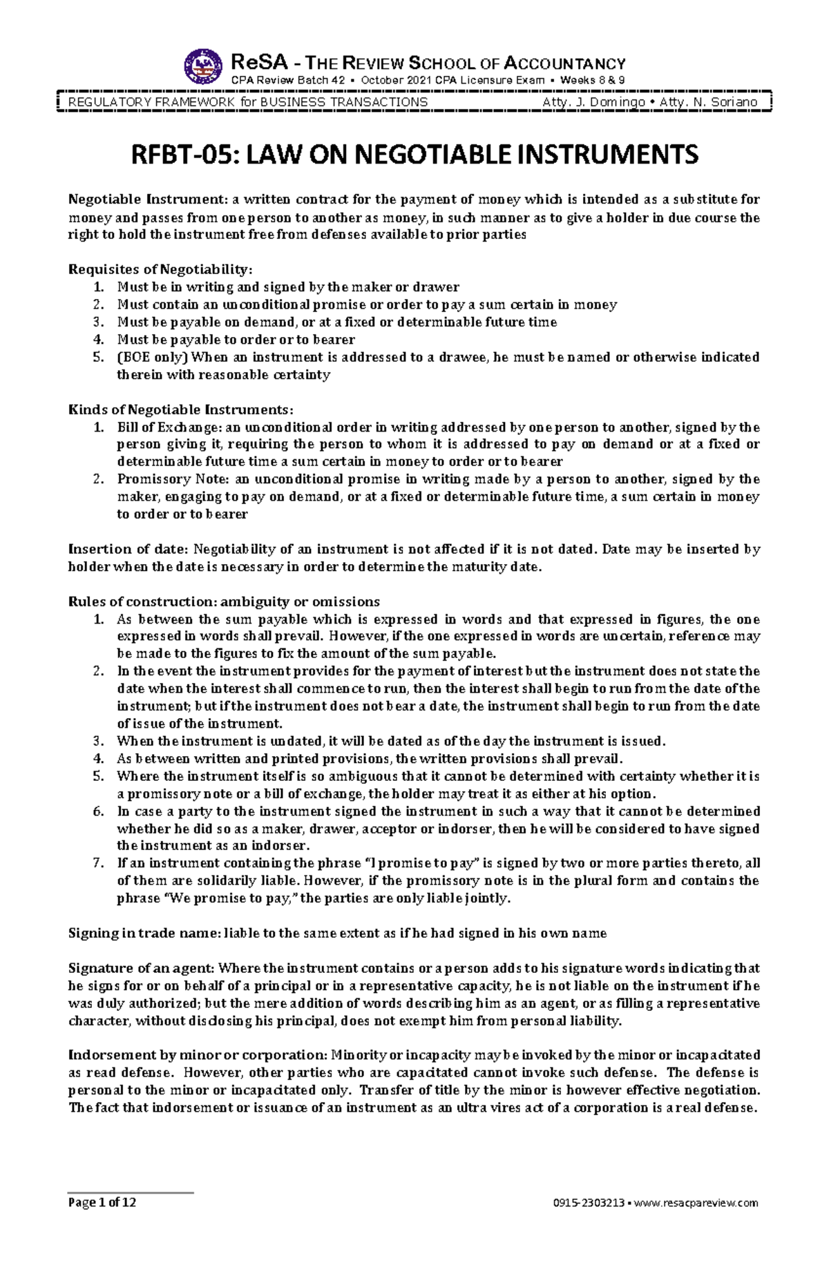 RFBT 05 Negotiable Instruments ReSA THE REVIEW SCHOOL OF