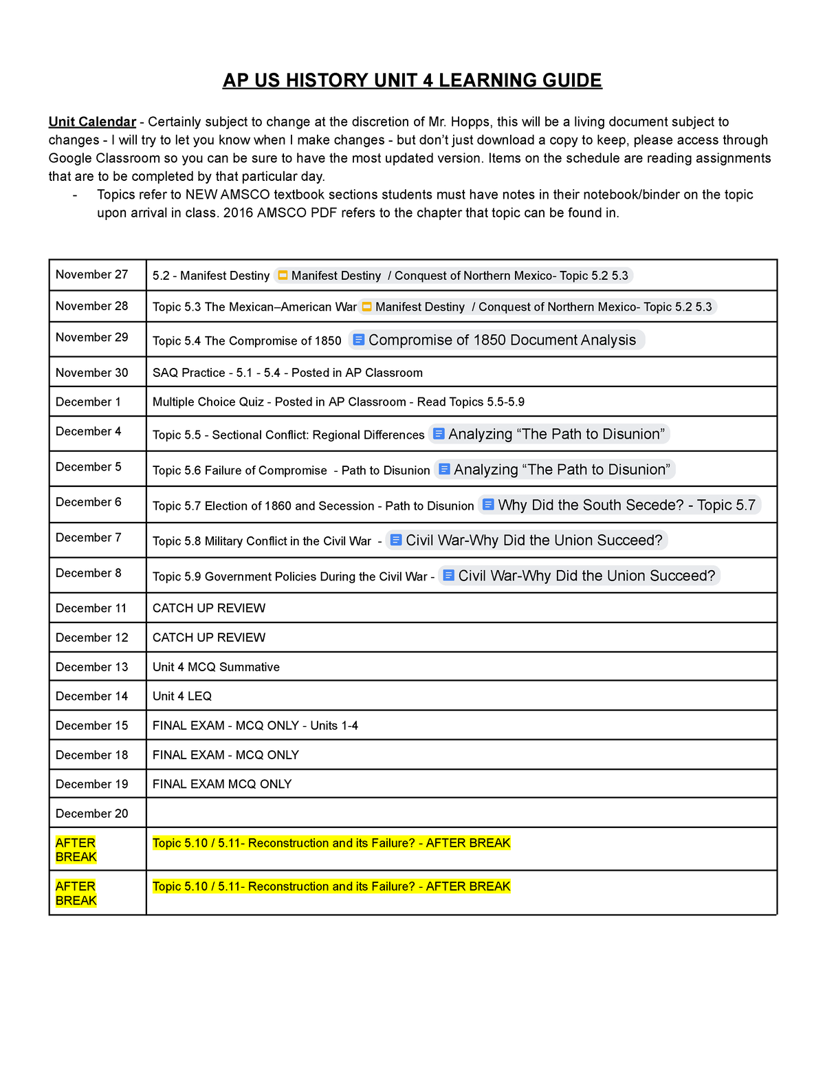 Apush Unit 4 (CED Period 5) Guide Student Version AP US HISTORY UNIT