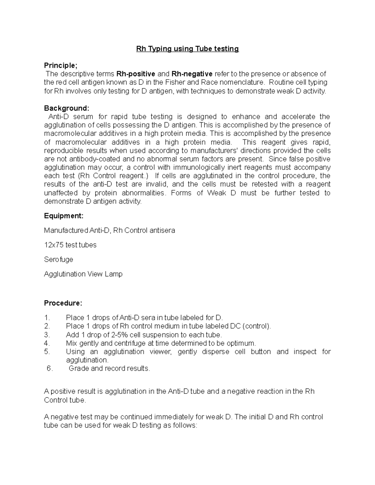 Rh and WEAK D Procedure lab manual - Rh Typing using Tube testing The ...