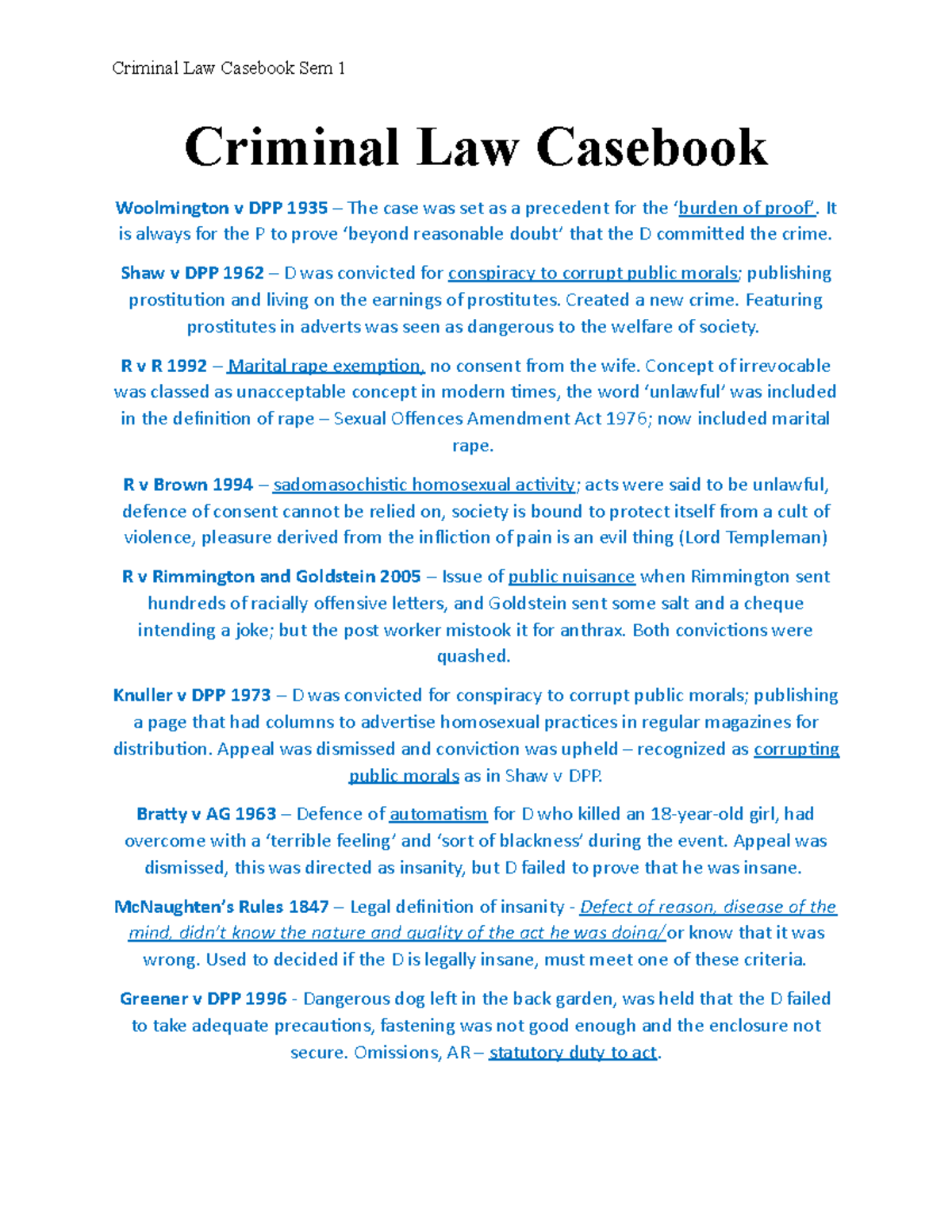 Criminal Law Casebook - Criminal Law Casebook Woolmington v DPP 1935 ...