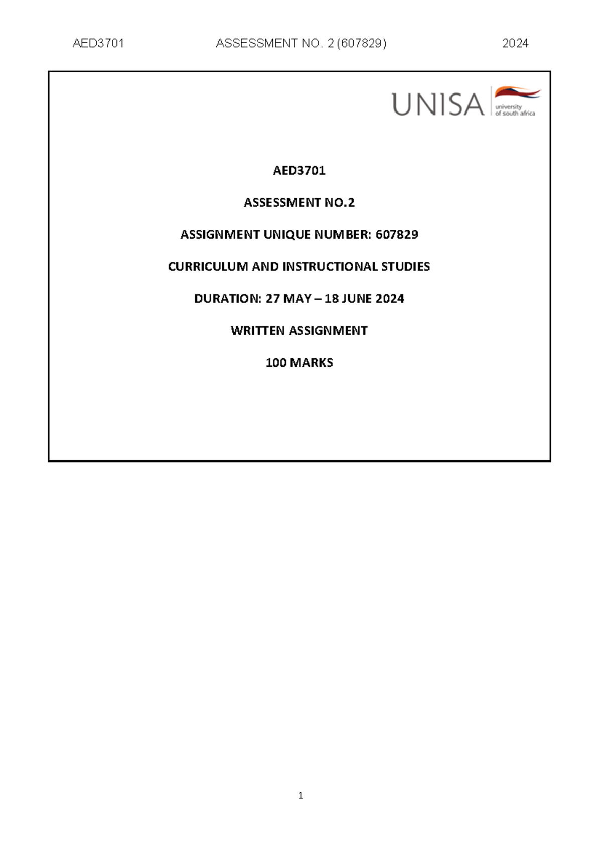 AED3701 Assessment 2 (607829) - AED ASSESSMENT NO. 2 ASSIGNMENT UNIQUE ...