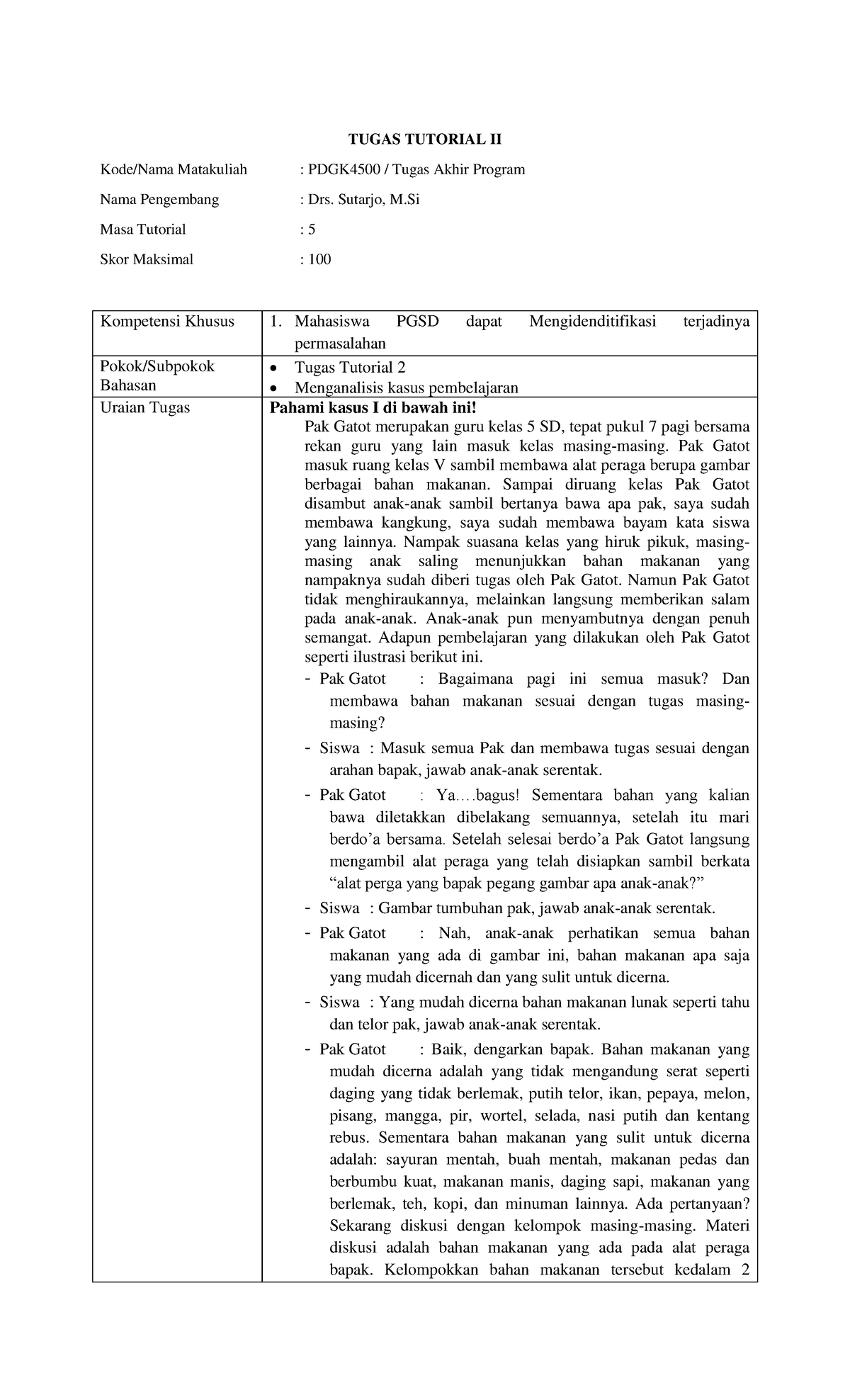 12 TTM 2 - Tugas - TUGAS TUTORIAL II Kode/Nama Matakuliah : PDGK4500 ...