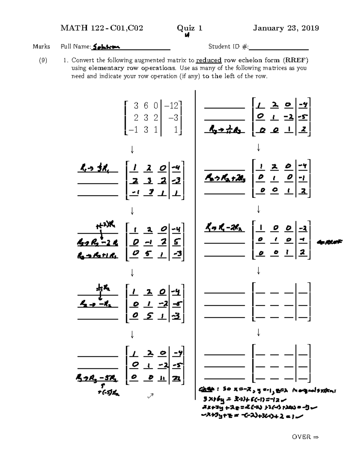 Quiz Both Version Answers - MATH 122 - C01,C02 Quiz 1 January 23, 2019 ...