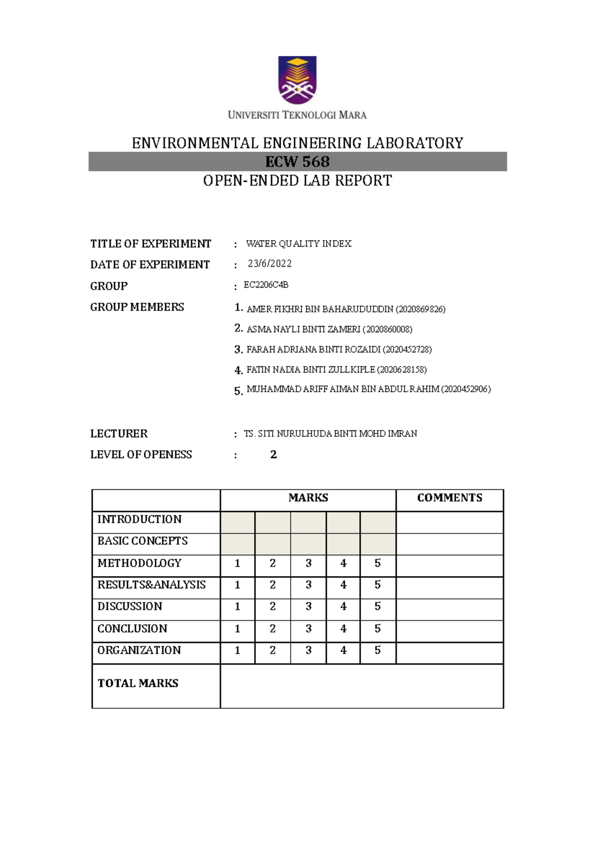 Water Quality Index ENVIRONMENTAL ENGINEERING LABORATORY ECW 568 OPEN