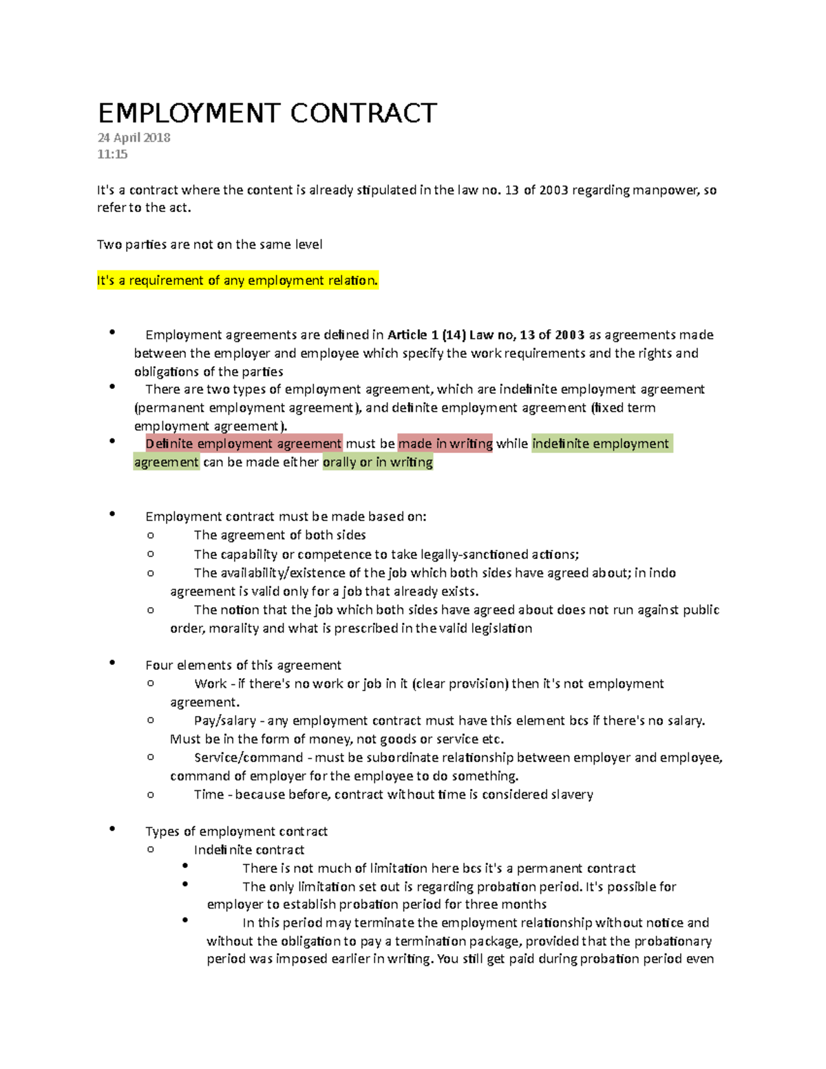 Employment Contract - Lecture Notes 7 - EMPLOYMENT CONTRACT 24 April ...