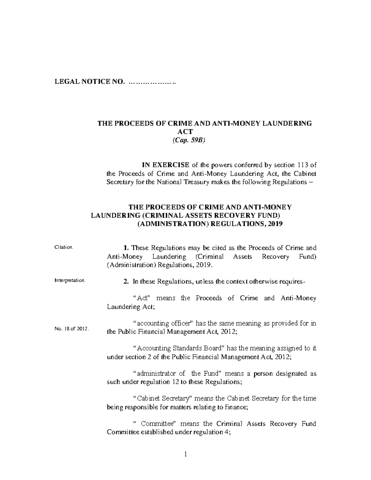 Legal Notice Criminal Assets Recovery Fund 2019 - LEGAL NOTICE NO ...