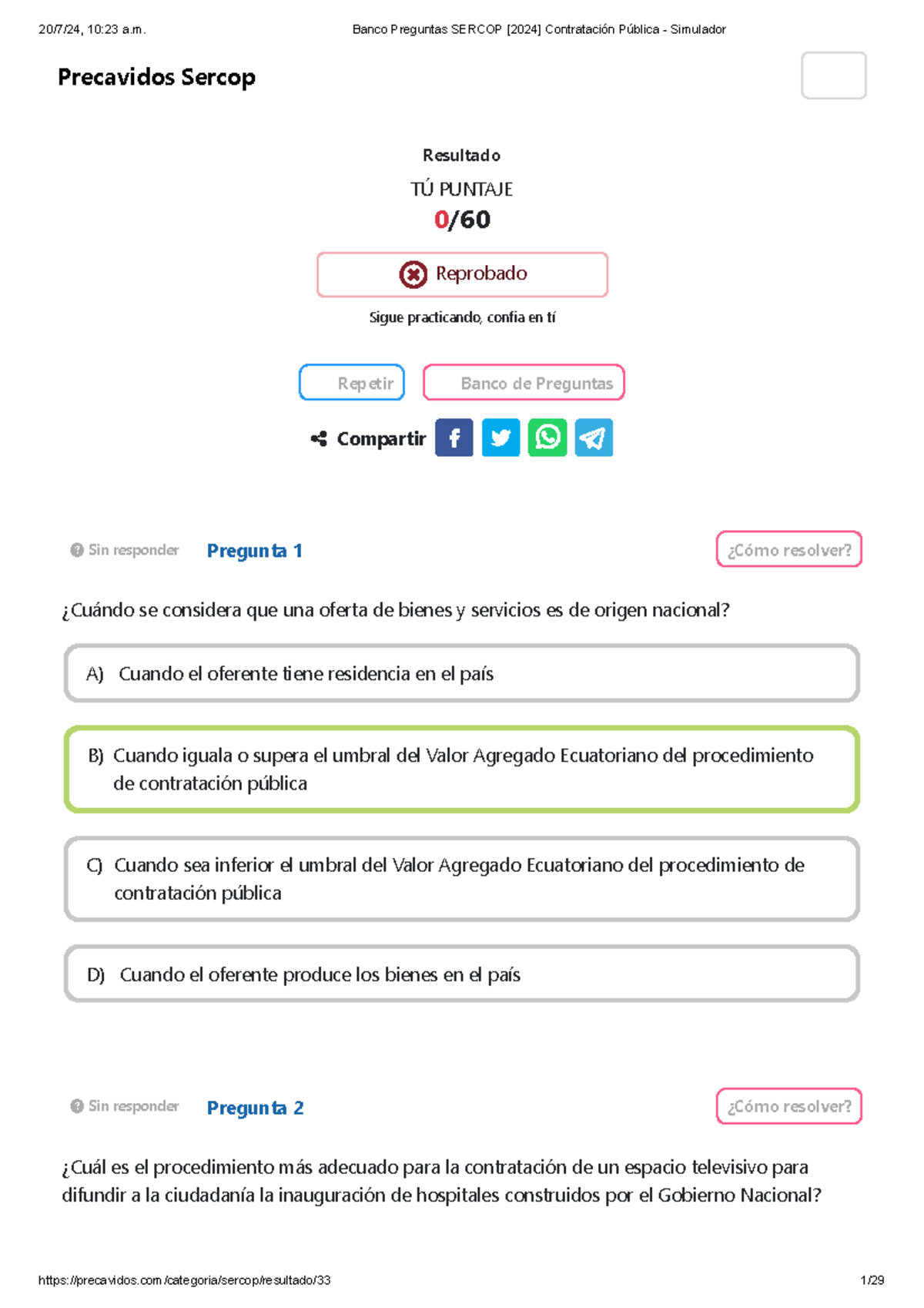 EXAMEN DEL SERCOP 2024 PARA FUNDAMENTOS DE CONTRATACION - Repetir Banco ...