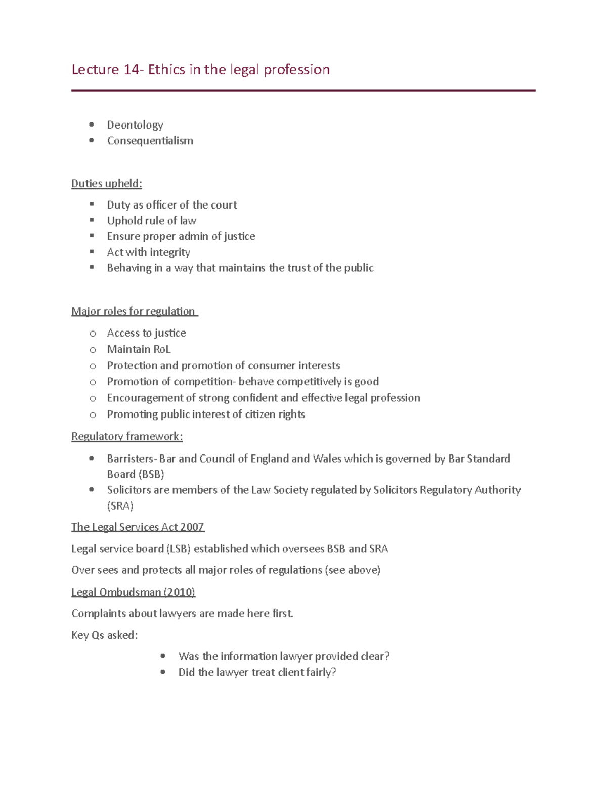 Lecture 14 Legal Ethics Lecture 14 Ethics in the legal profession