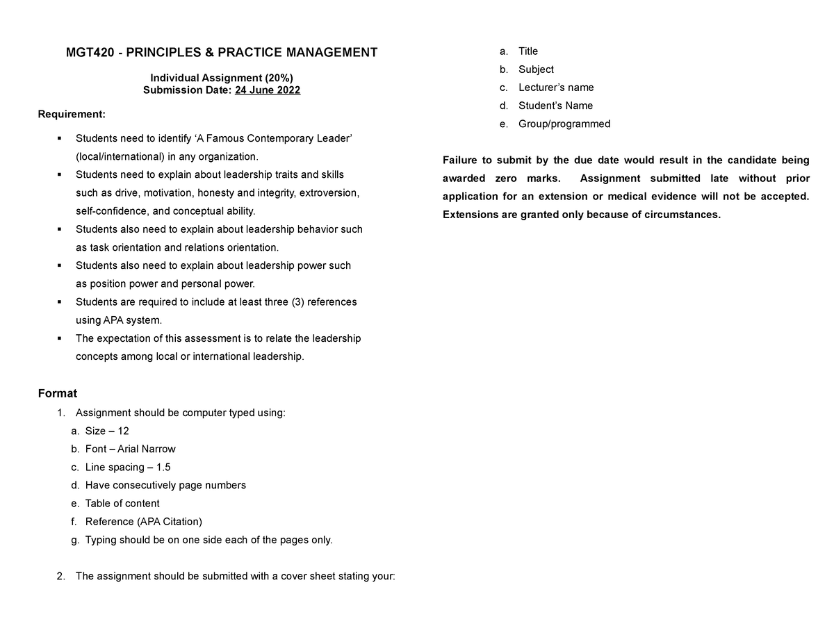 1. Individual Assignment 1 (20%) - MGT420 - PRINCIPLES & PRACTICE ...