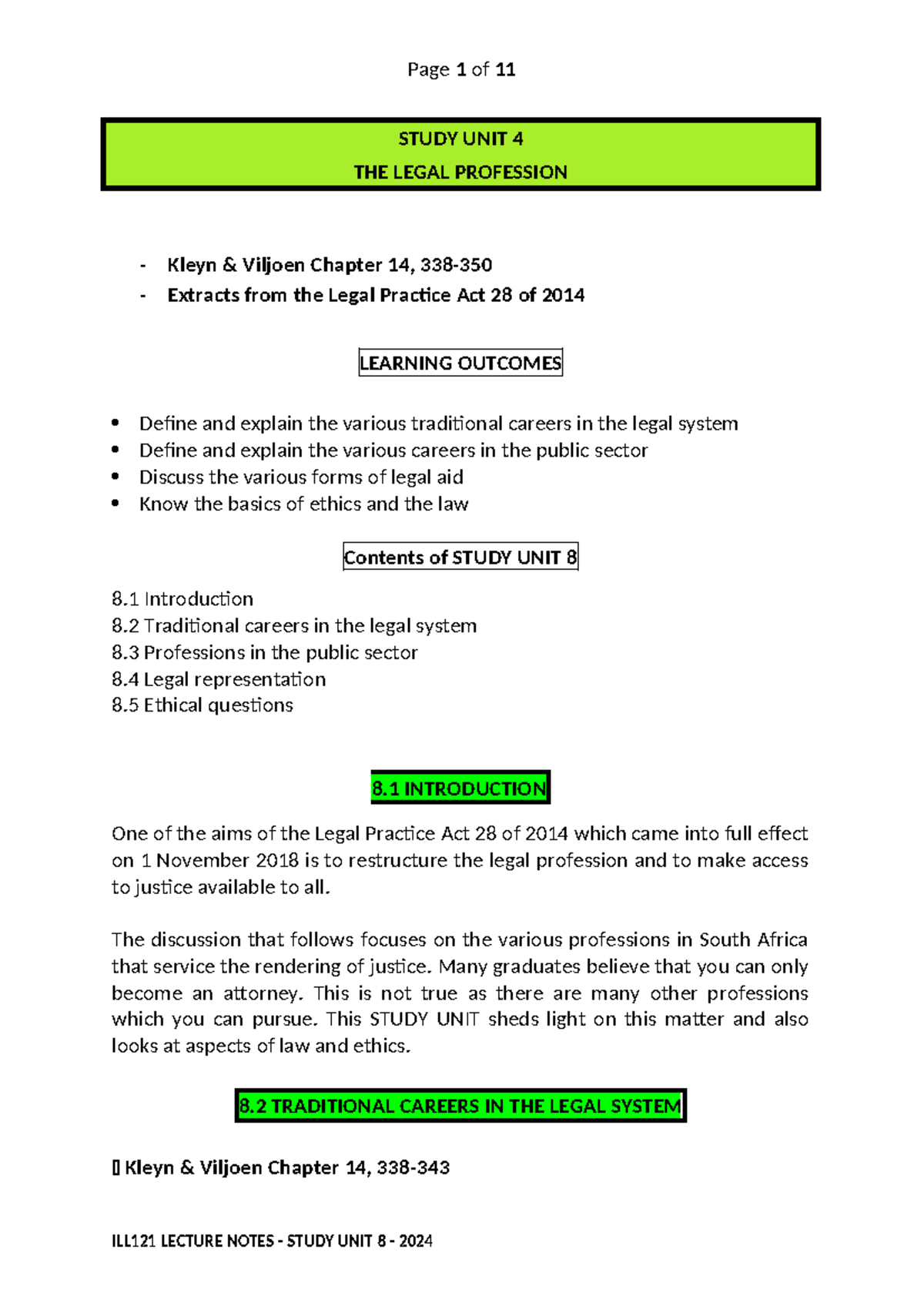 ILL121 Lecture Notes - Study UNIT 4 - 2024 - STUDY UNIT 4 THE LEGAL ...