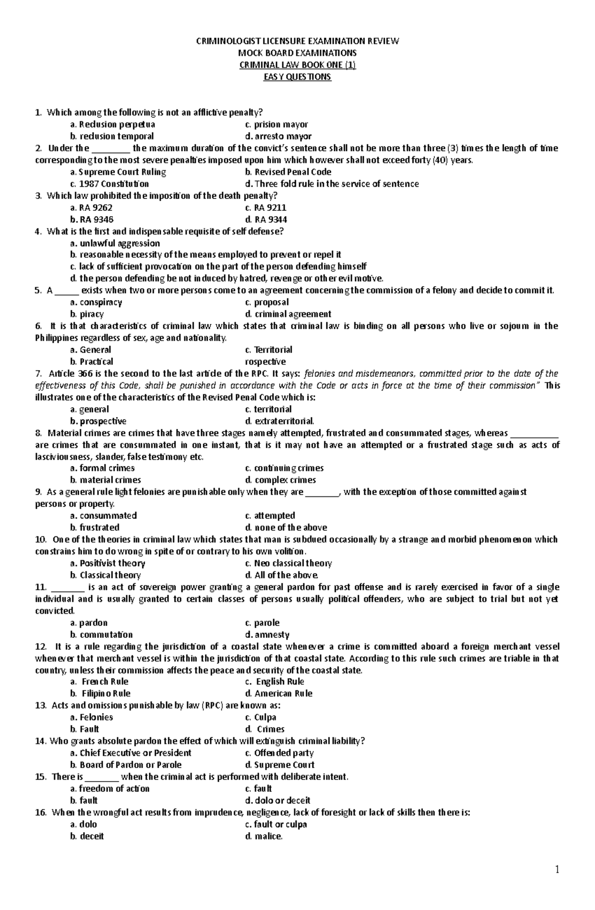 MOCK Board Criminal LAW 1 (CRIMINOLOGY) CRIMINOLOGIST LICENSURE