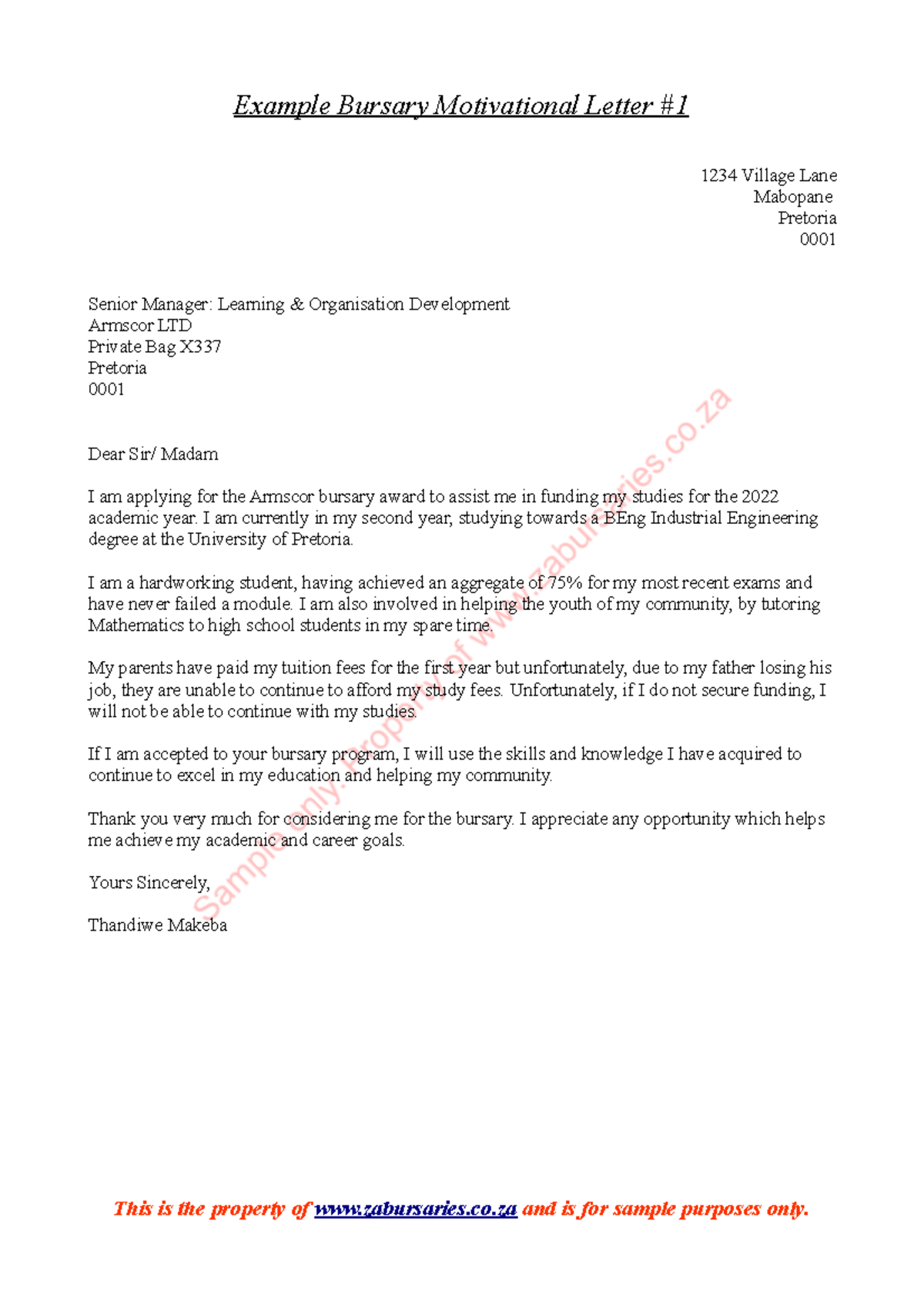 sample application letter for the post of a bursar