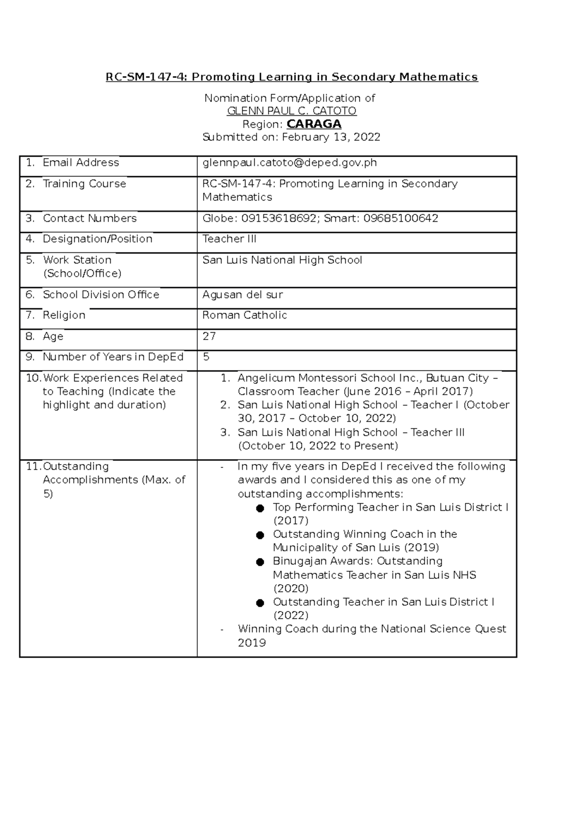 Recsam-Math Catoto - Course work - RC-SM-147-4: Promoting Learning in ...