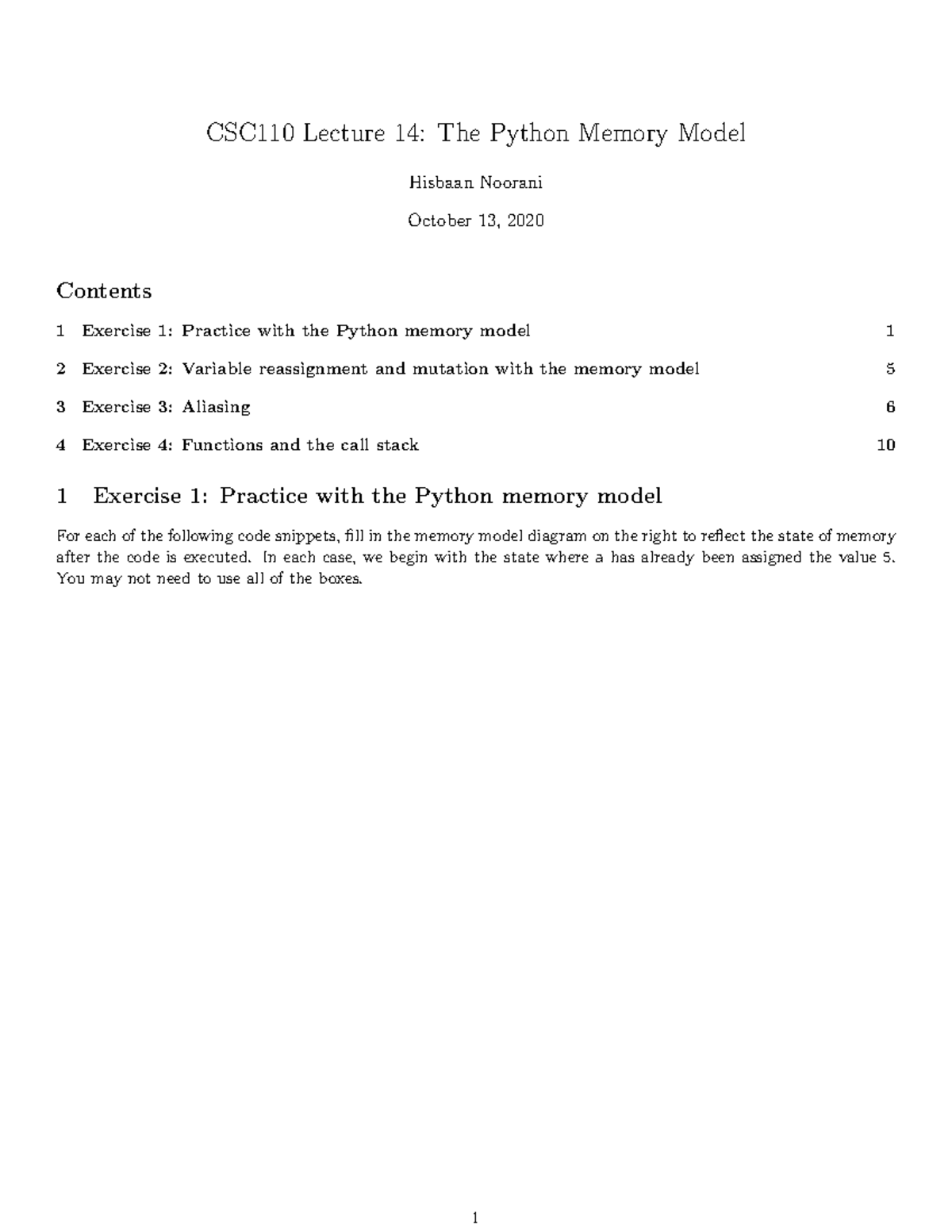 Lecture-14-exercises - CSC110 Lecture 14: The Python Memory Model ...