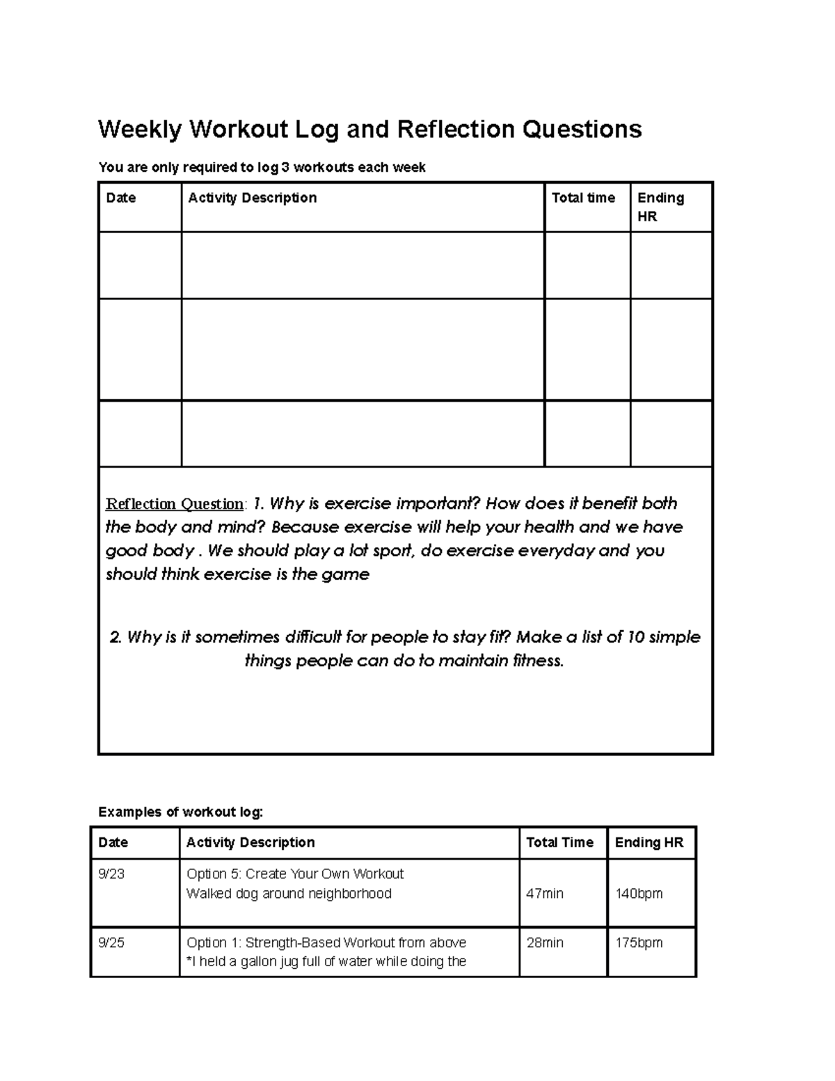 Weekly Workout Log Oct 5-11 - Weekly Workout Log and Reflection ...