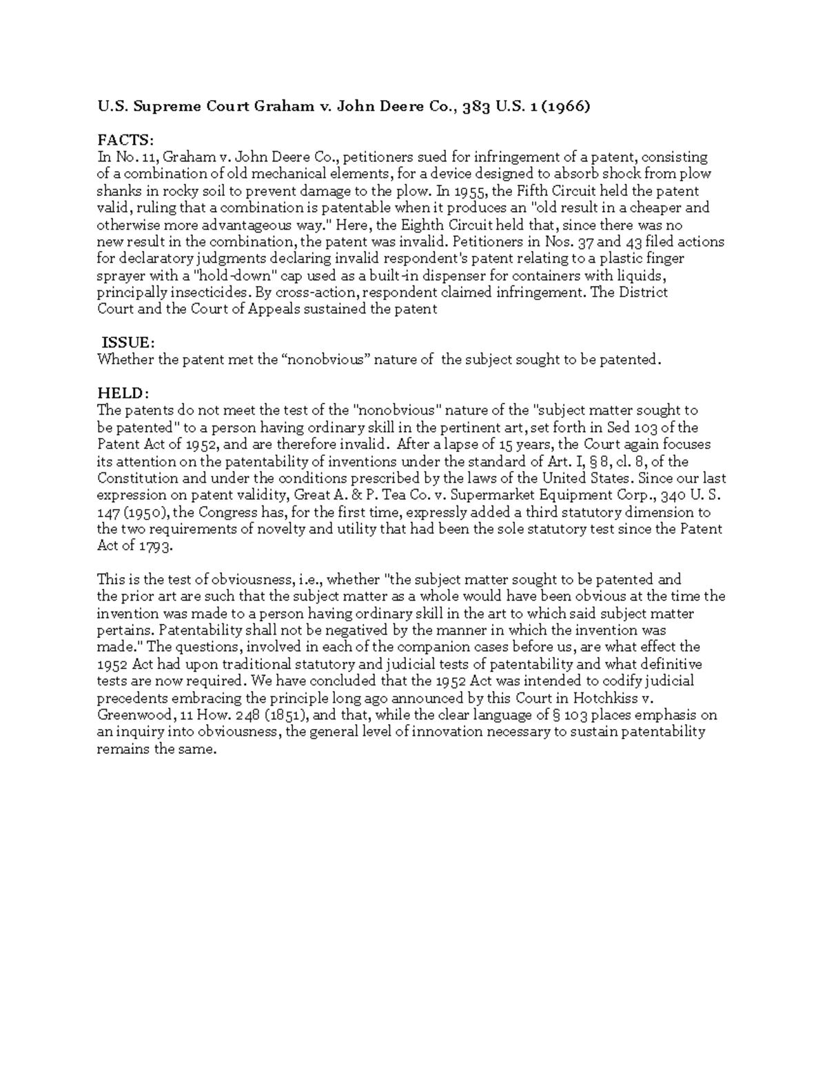 Graham v Deere case digest U. Supreme Court Graham v. John Deere Co