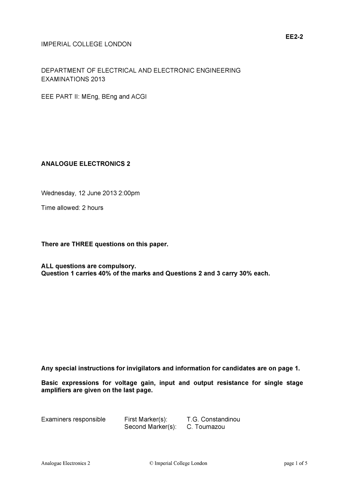 Exam 2013, questions and answers - Ee2-02 - analogue elctronics 2 ...