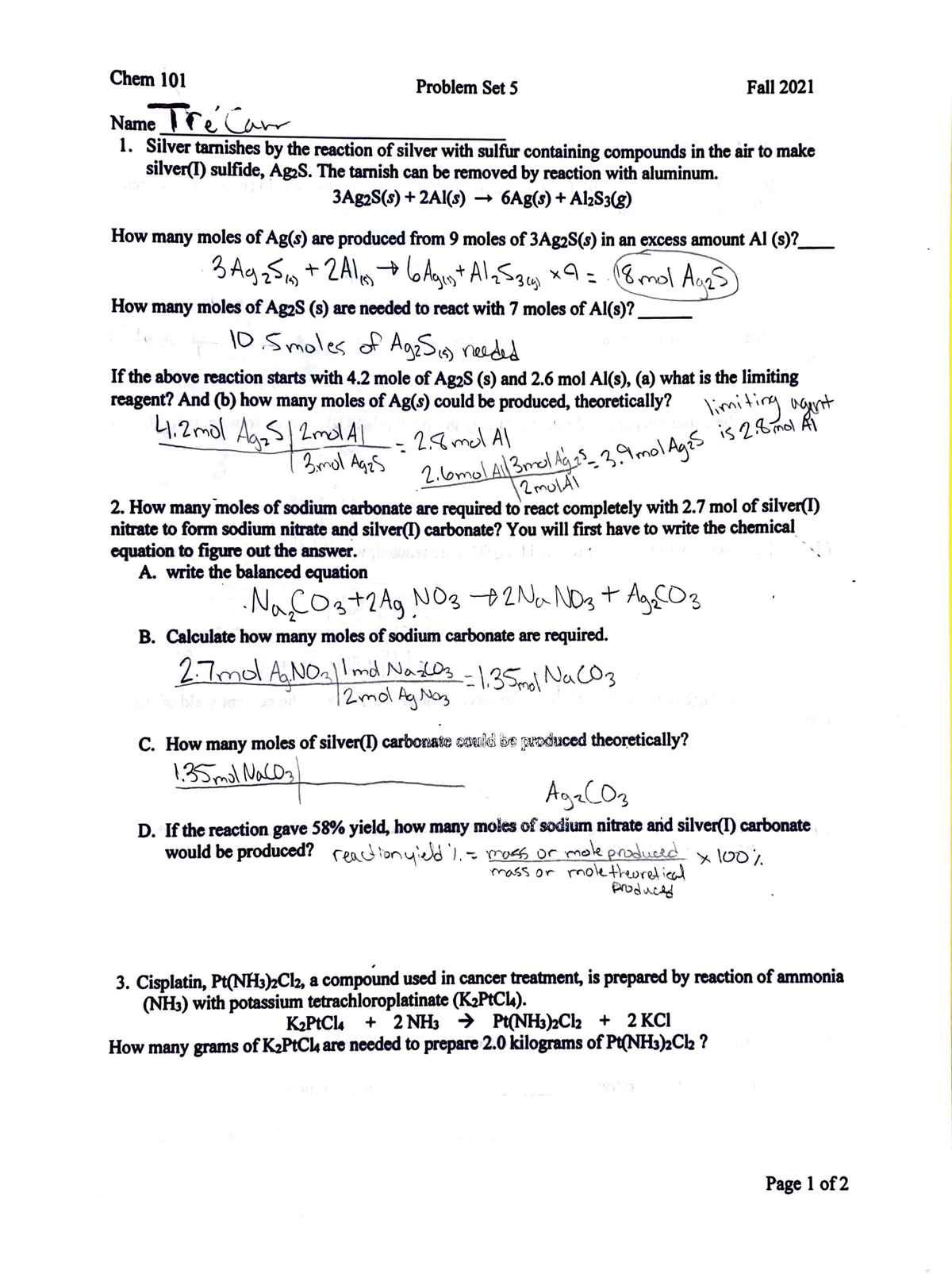 Problem set 5 - Reactions from chemical compounds and calculating moles ...