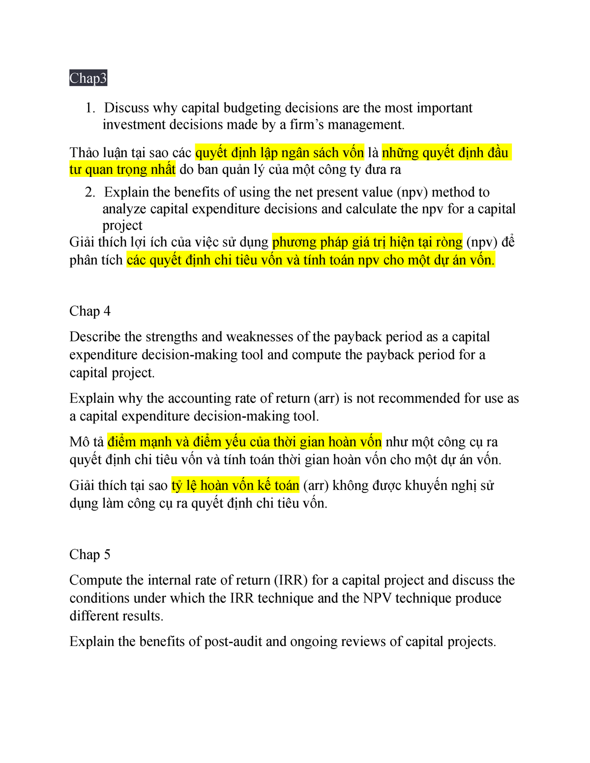 FIN202 Chap 10 đã Làm - Chap 1. Discuss Why Capital Budgeting Decisions ...