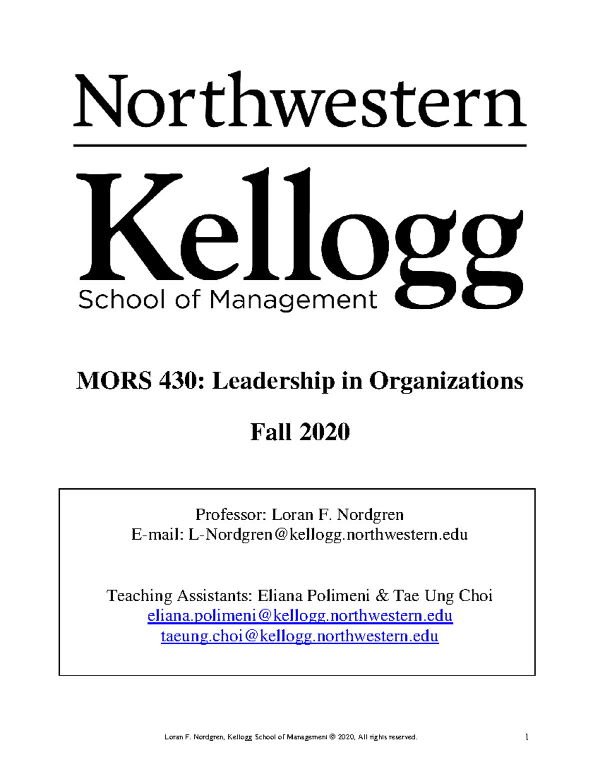 Syllabus Pre-term 2020 2Y - MORS 430: Leadership in Organizations Fall ...