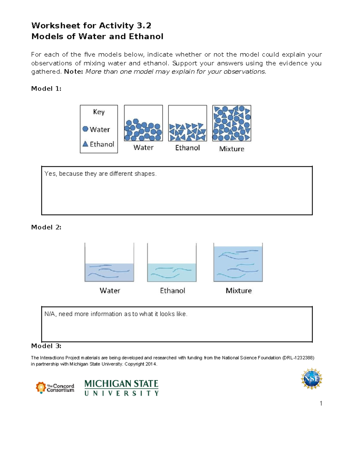 Investigation 3 - Activity 3.2 - Worksheet 1 Models of Water and ...