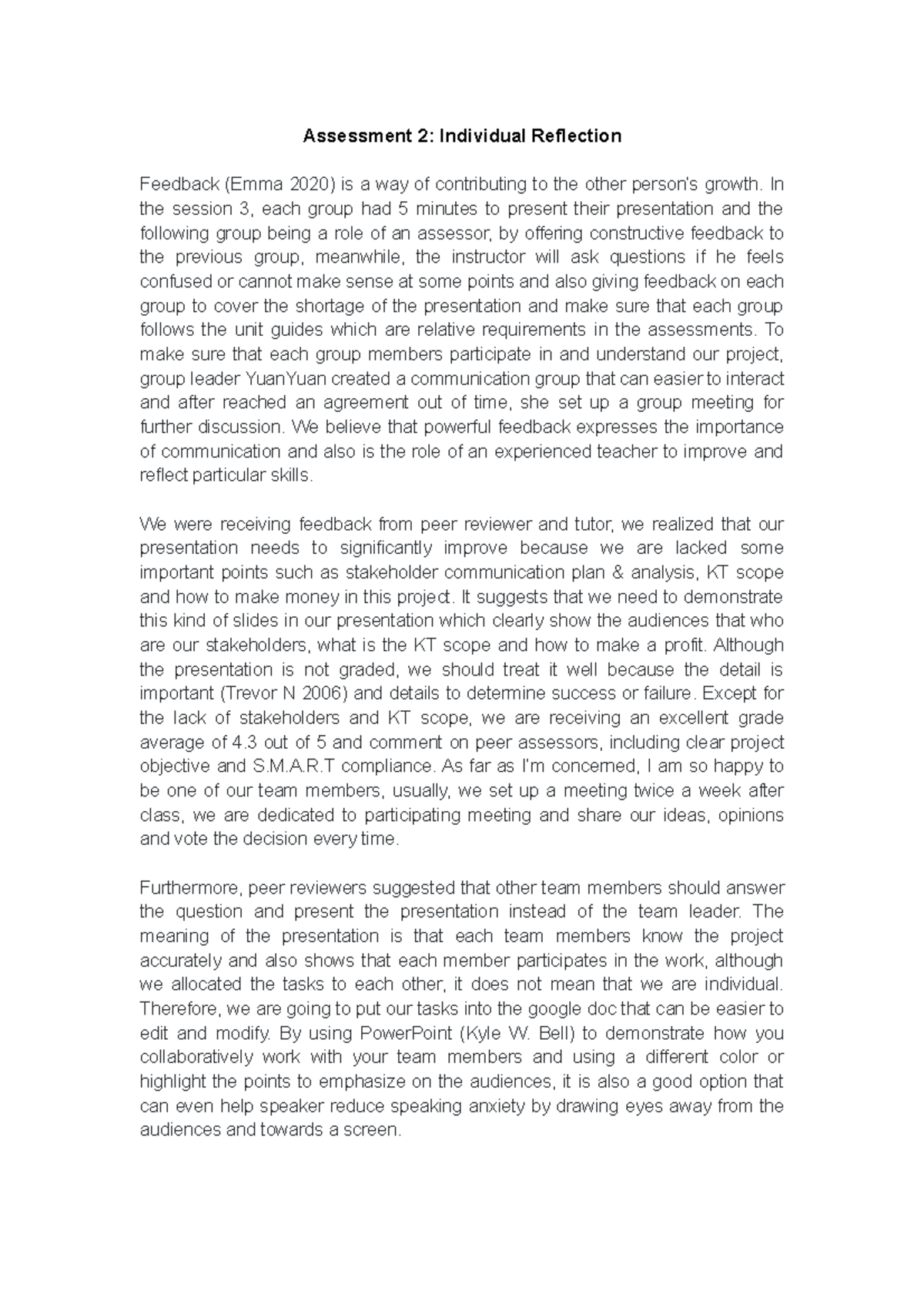 Ass 2 Personal Reflection Assessment 2 Individual Reflection Feedback Emma 2020 Is A Way Of 6315