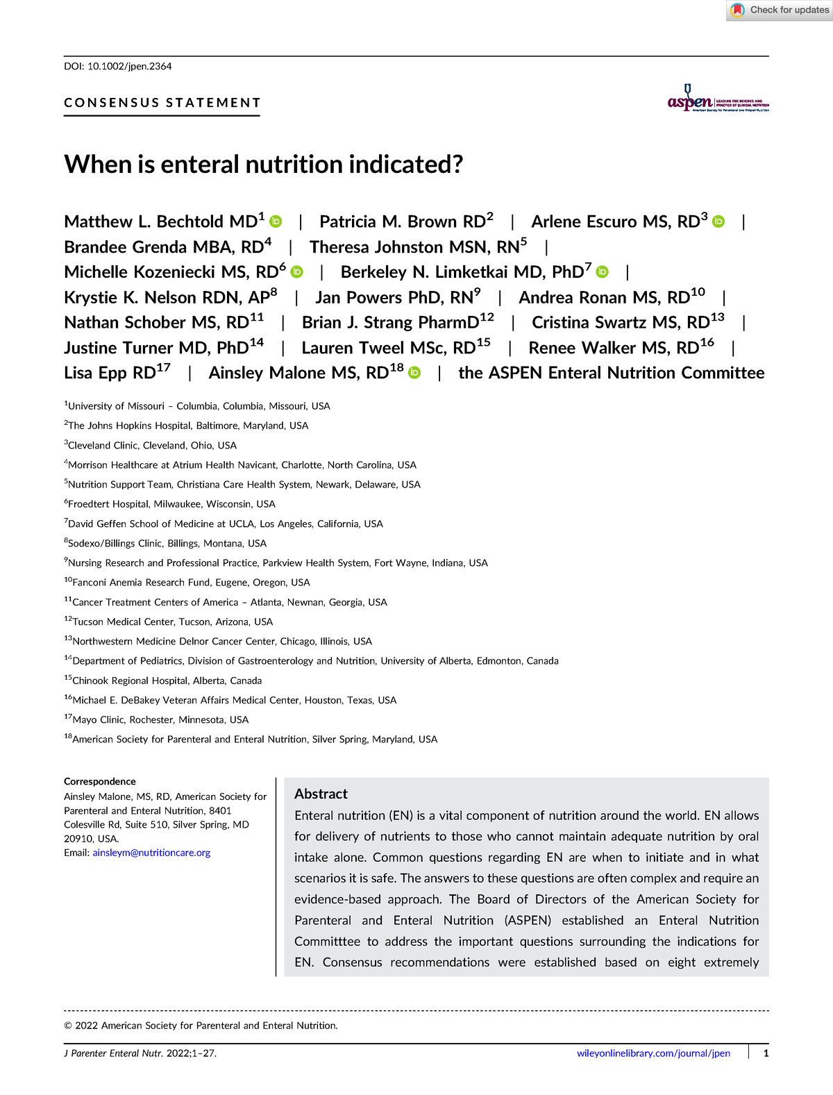 J Parenter Enteral Nutr - 2022 - Bechtold - When Is Enteral Nutrition ...