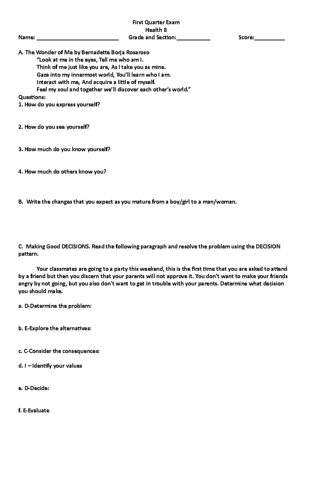 First Quarter Exam PE and Health 8 - First Quarter Exam Health 8 Name