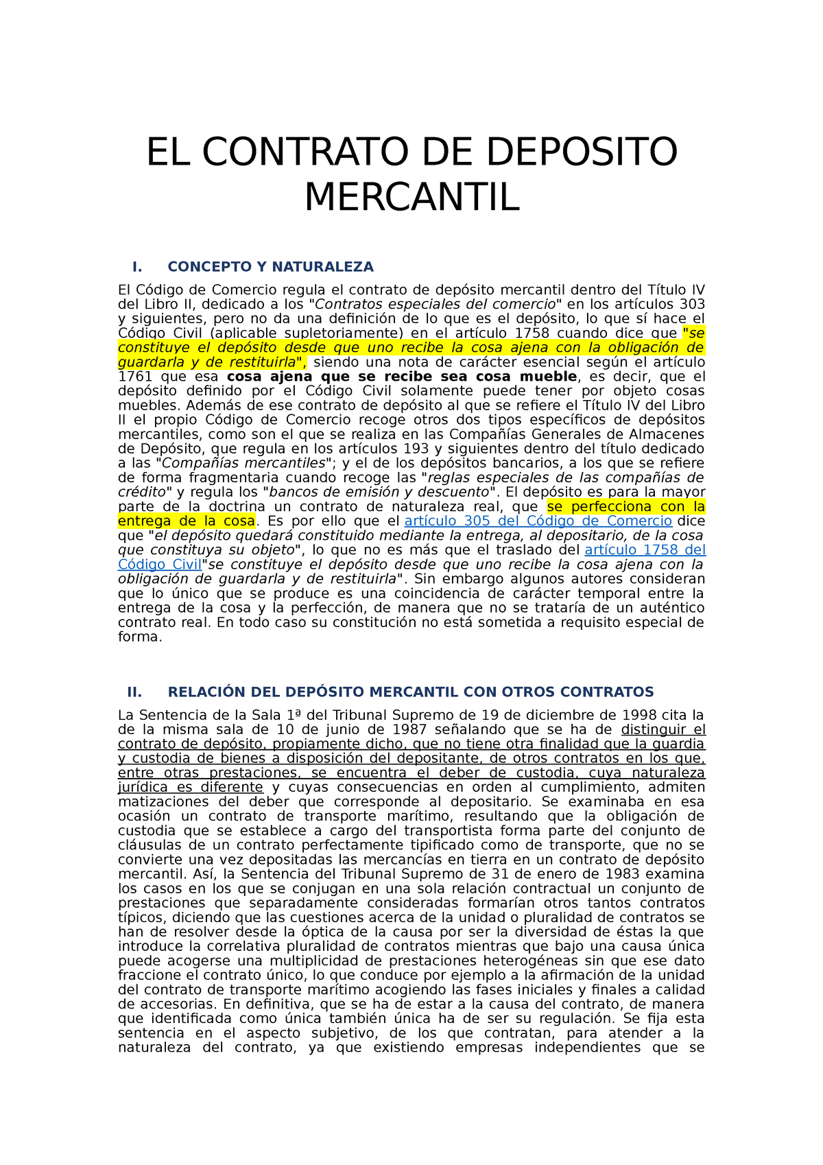 T10 Contrato De Depósito El Contrato De Deposito Mercantil I Concepto Y Naturaleza El Código 4638