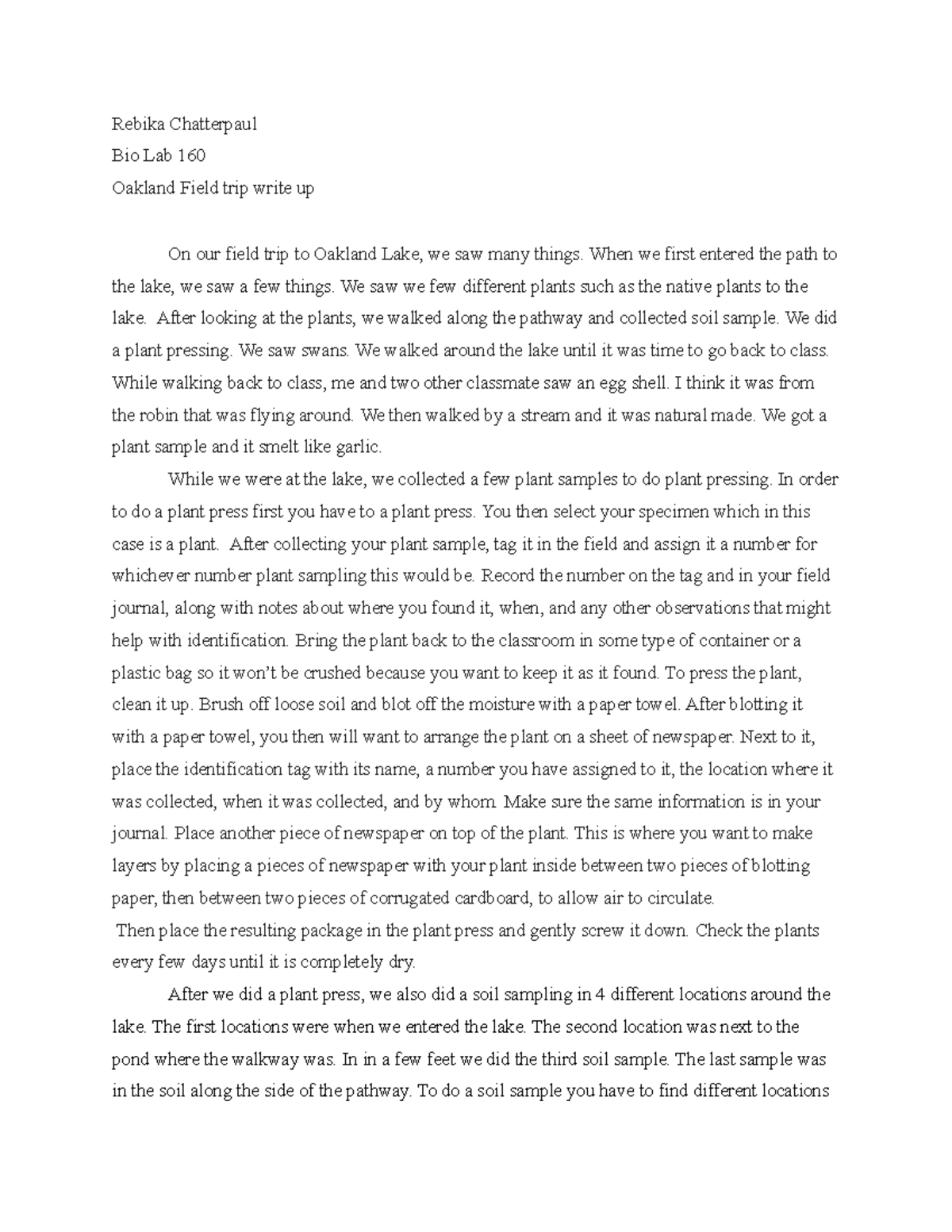 field trip oakland lake write up Rebika Chatterpaul Bio Lab 160
