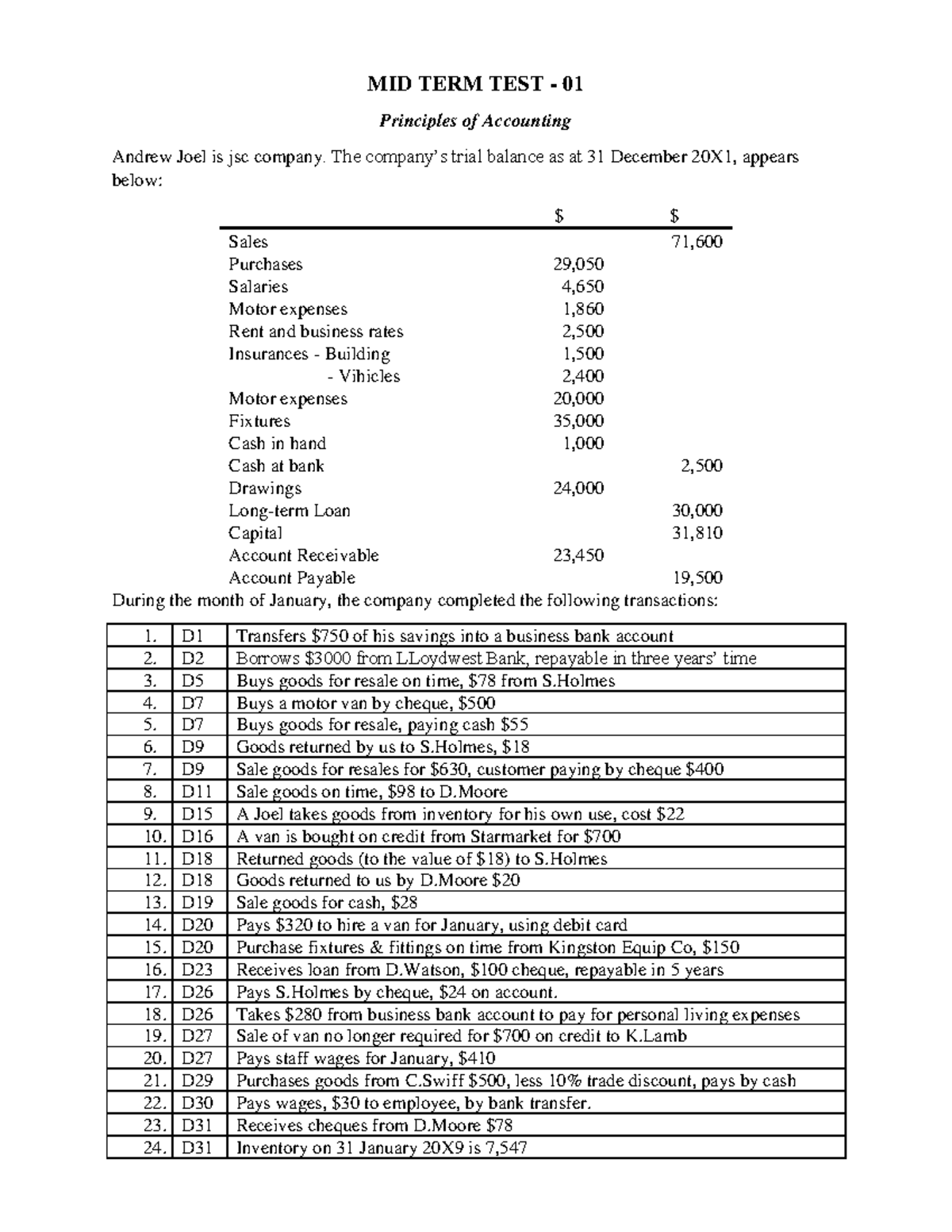 Mid Test-2021 - Saasasa - MID TERM TEST - 01 Principles Of Accounting ...