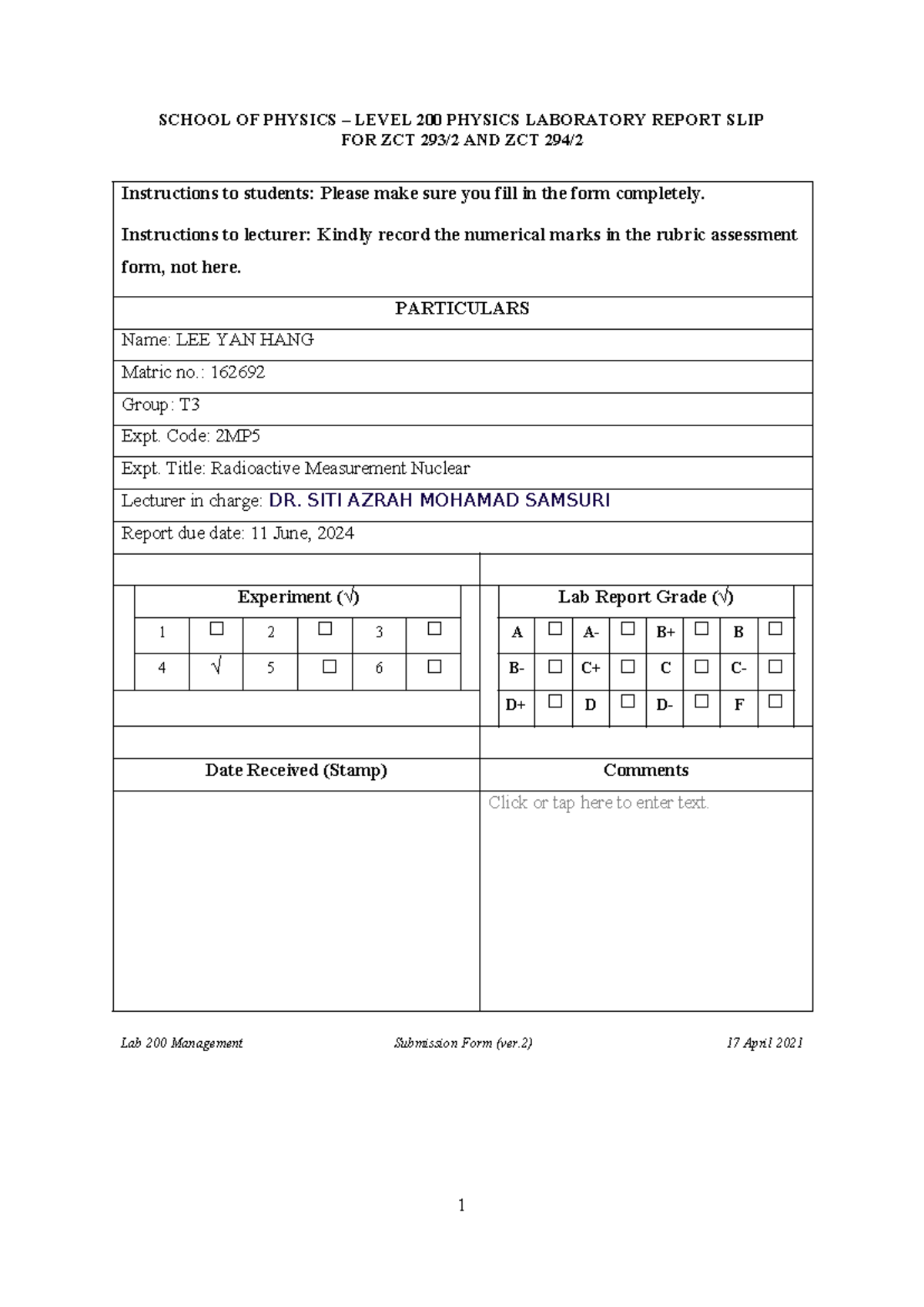2MP5 lab report - SCHOOL OF PHYSICS – LEVEL 200 PHYSICS LABORATORY ...