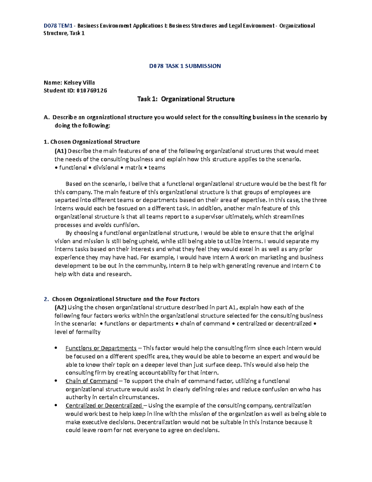 D078 - Task 1 - WGU - D078 Task 1 Organizational Structure - D078 TEM1 ...