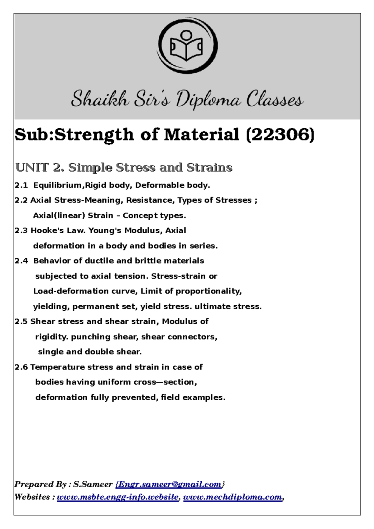 22306 Unit 2 Question Bank Shaikh Sir Notes - Sub:Strength of Material ...