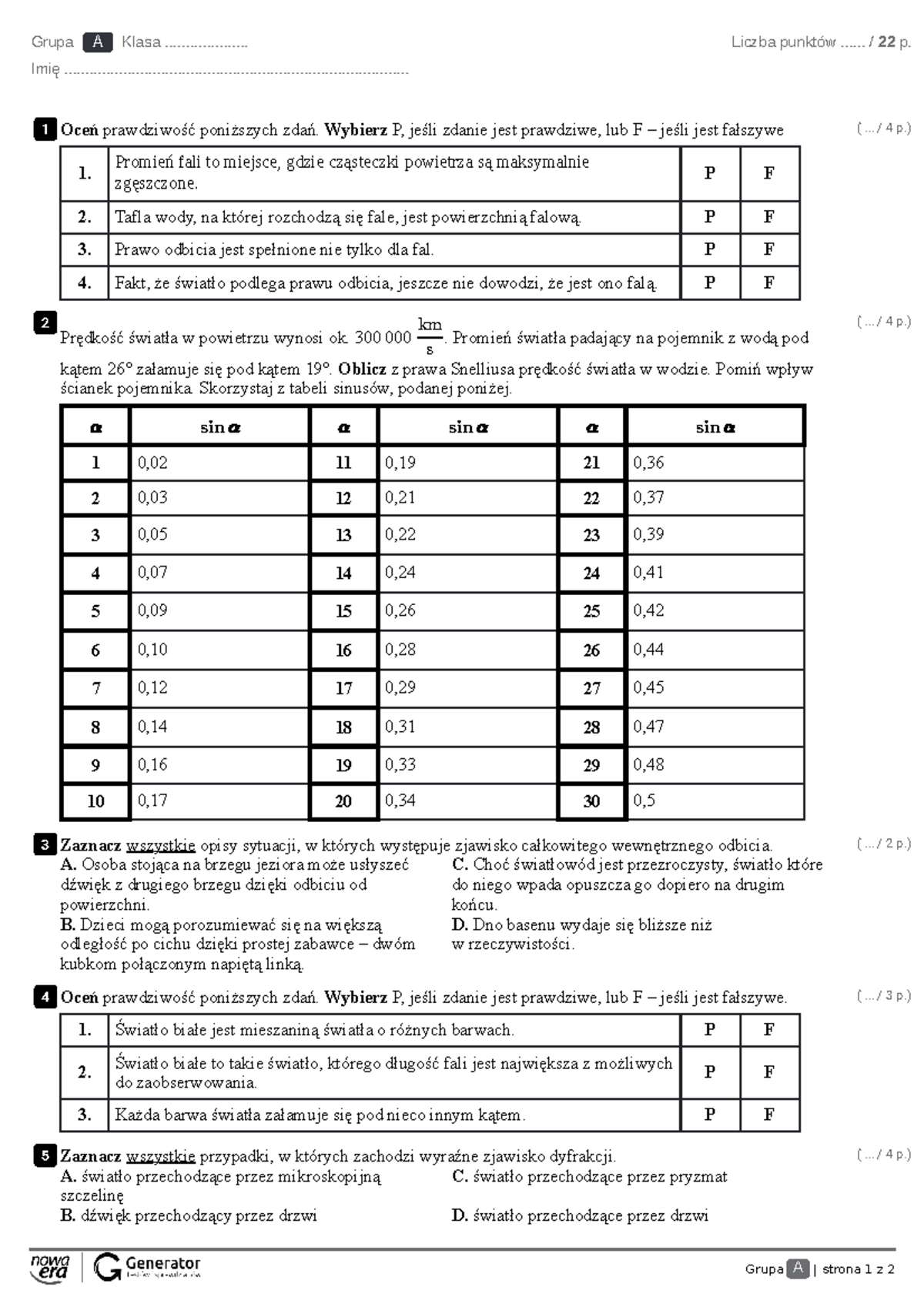Test 3. Zjawiska falowe Test z widoczna punktacja - Grupa A | strona 1