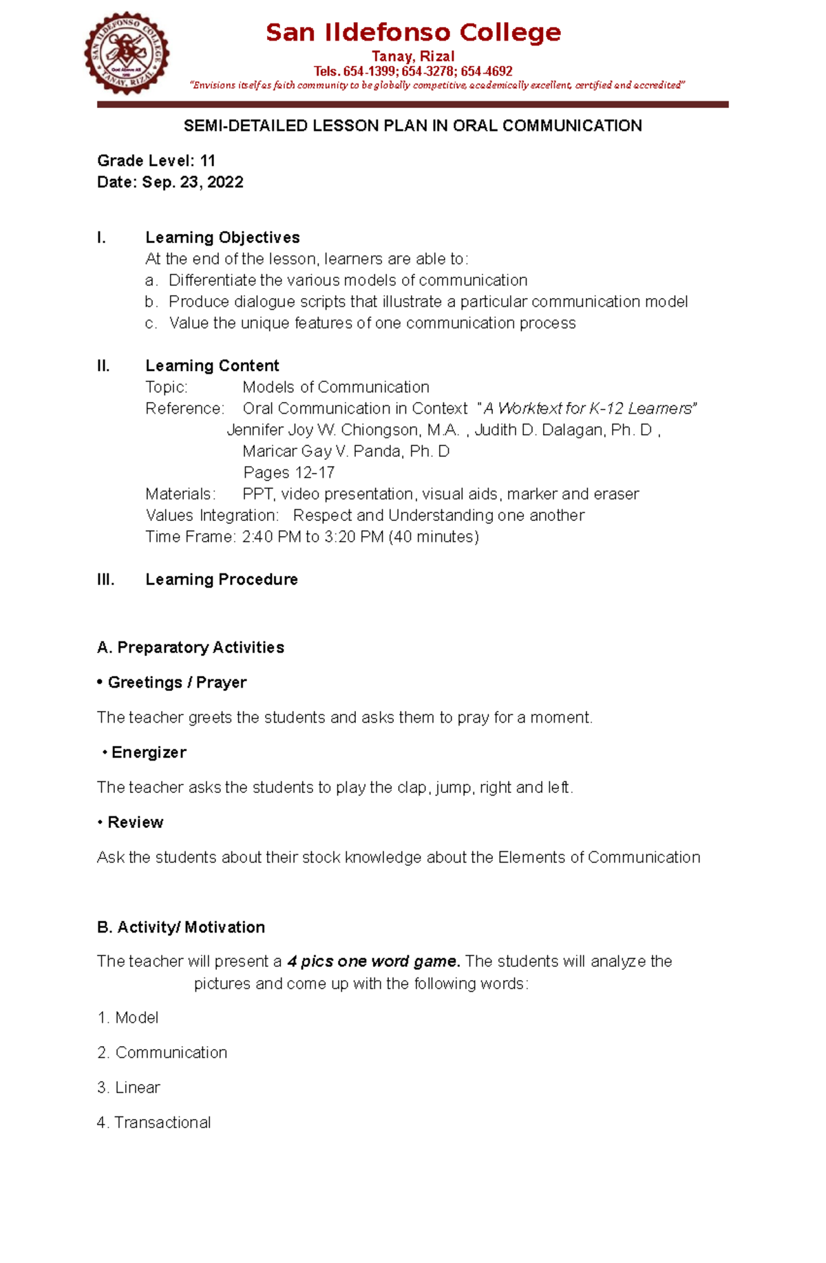 1 - Models OF Communication (SEMI- Detailed) 1 - Tanay, Rizal Tels. 654 ...