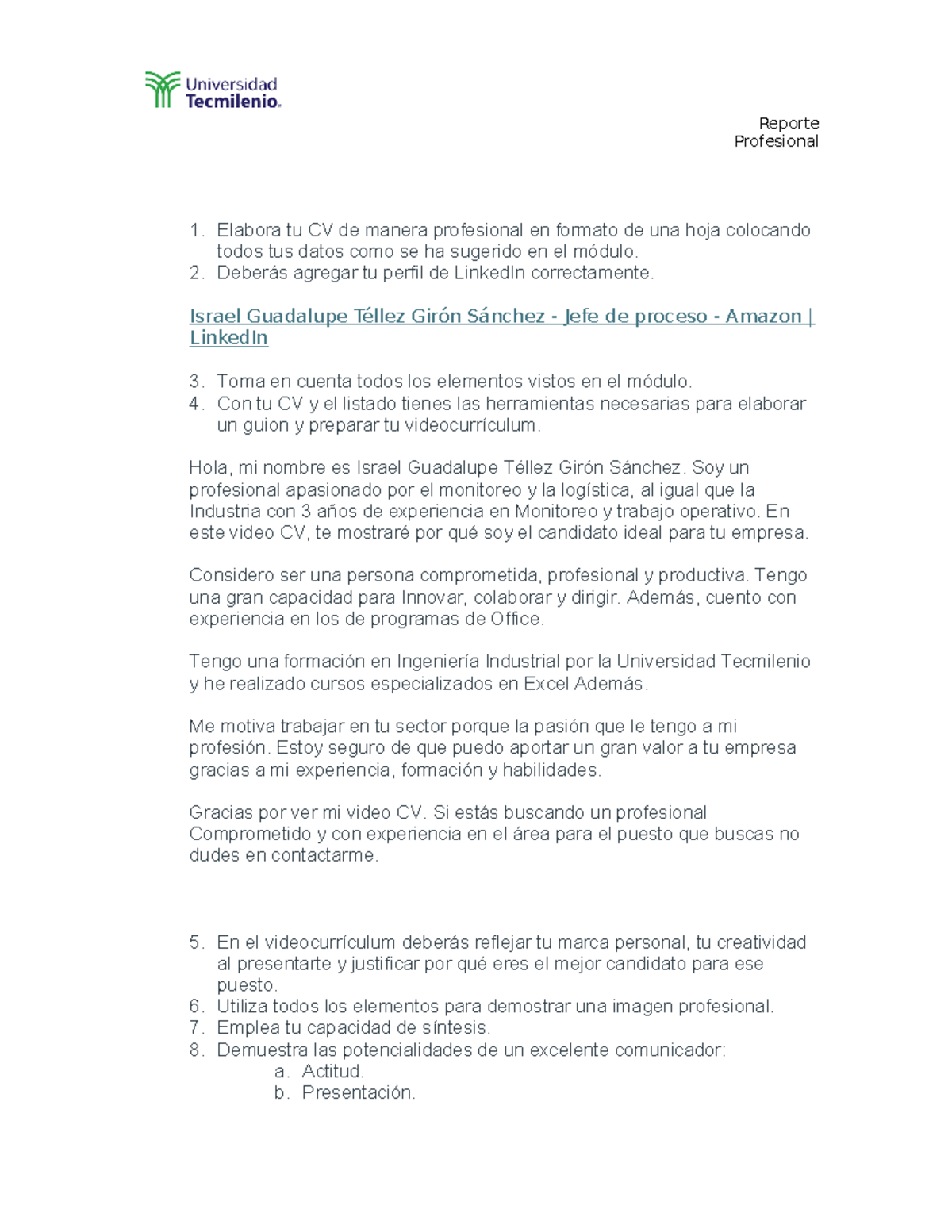 ACT1 Comunicacion Efectiva - Reporte Profesional 1. Elabora tu CV de ...