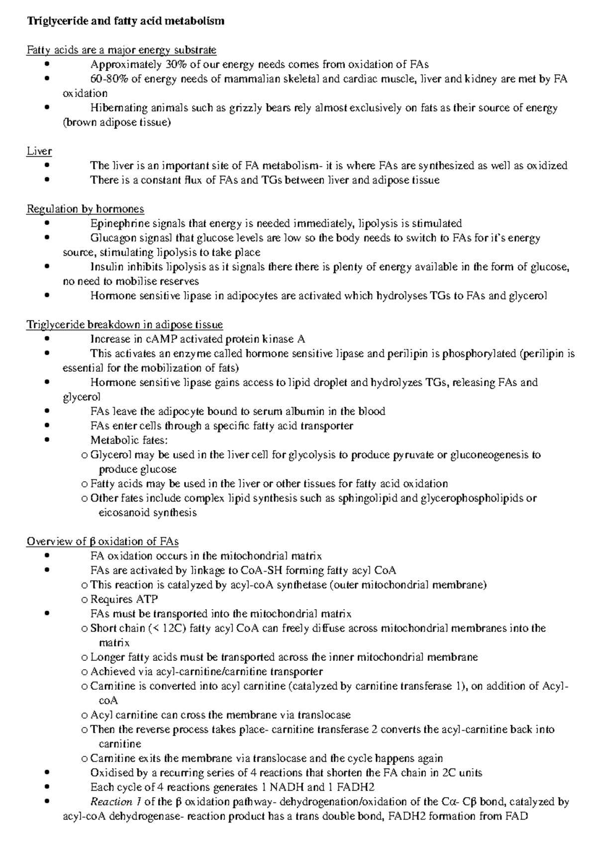 Triglyceride and fatty acid metabolism - Studocu