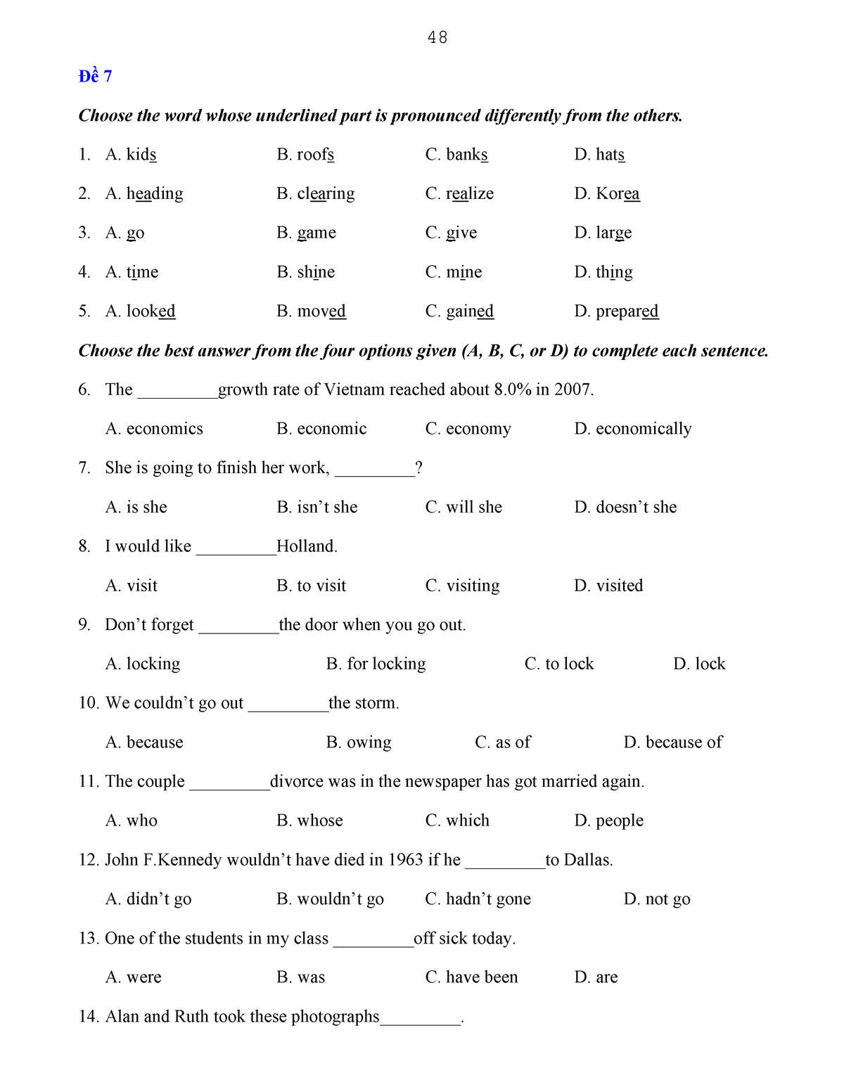 Đề Luyện 07 - Test - Đề 7 Choose The Word Whose Underlined Part Is ...