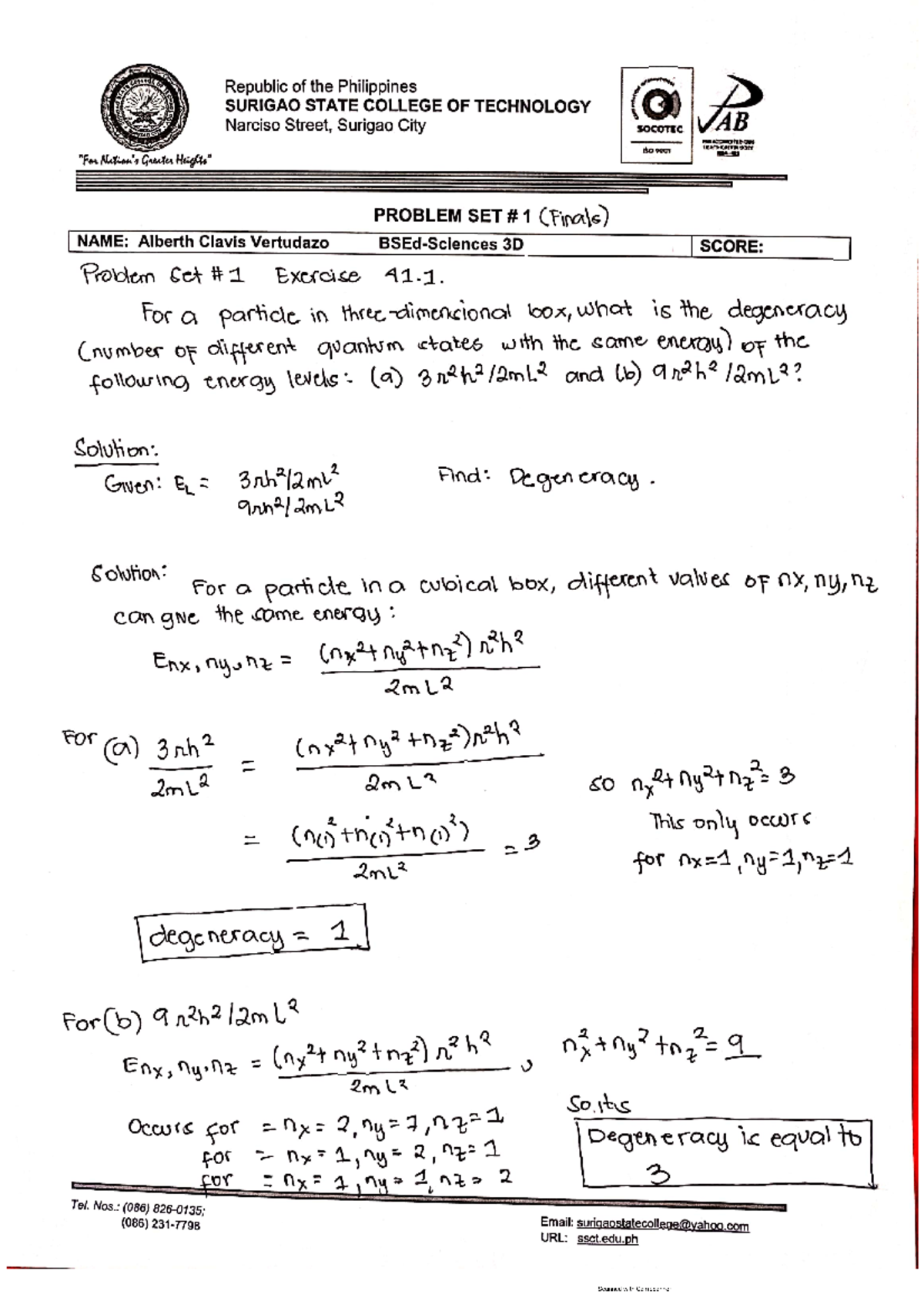 ( Problem SET #1) - Bachelor of Secondary Education in Science - Studocu