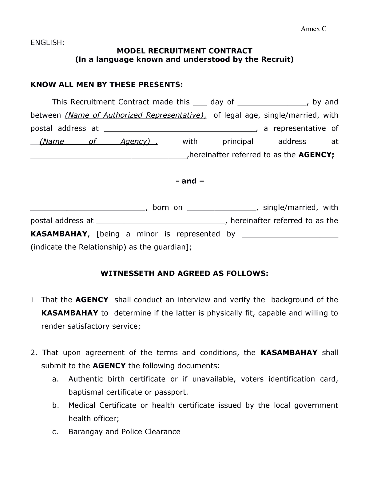 Model Recruitment Contract Annex C v Aug14 - ENGLISH: MODEL RECRUITMENT ...