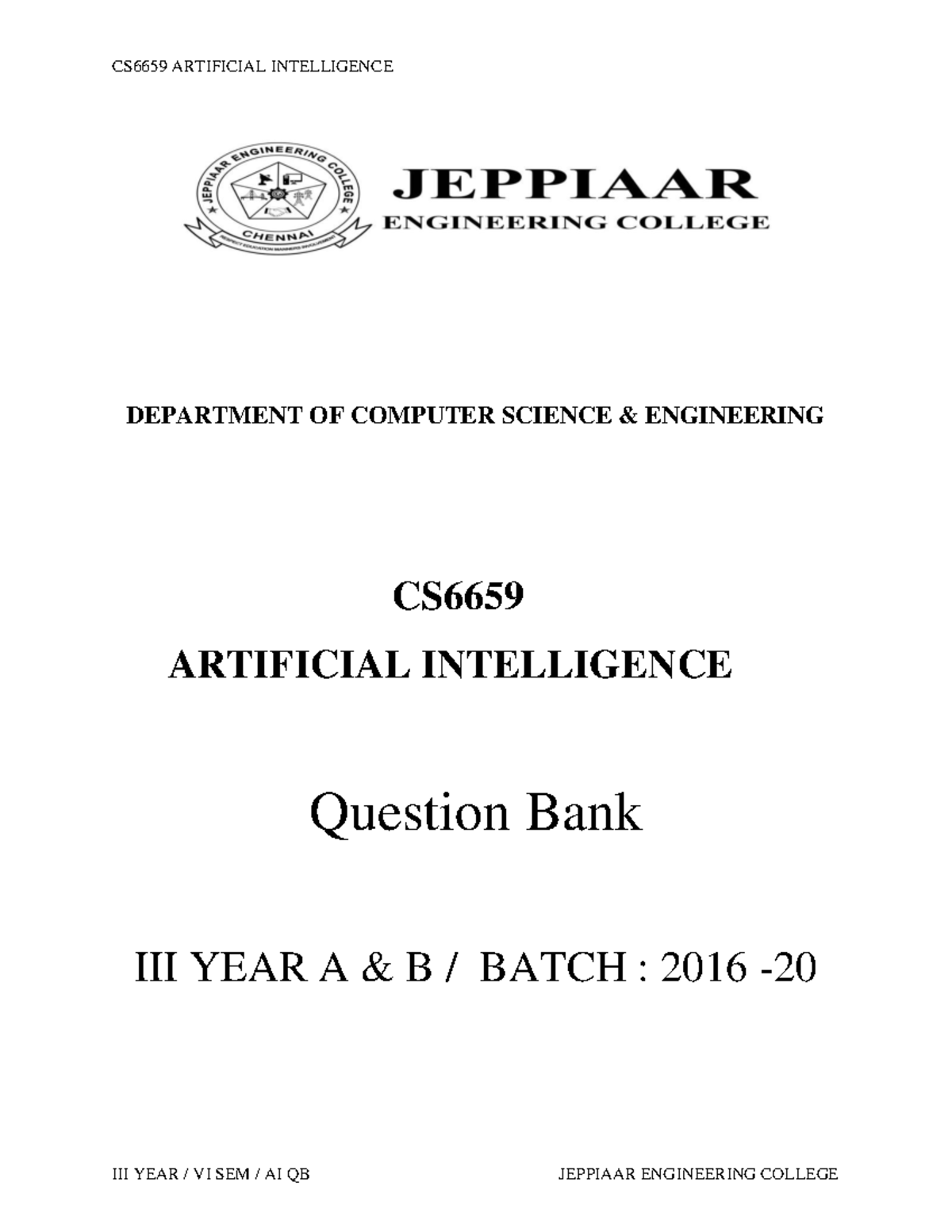 III YEAR VI SEM CS6659 Artificial Intelligence - DEPARTMENT OF COMPUTER ...