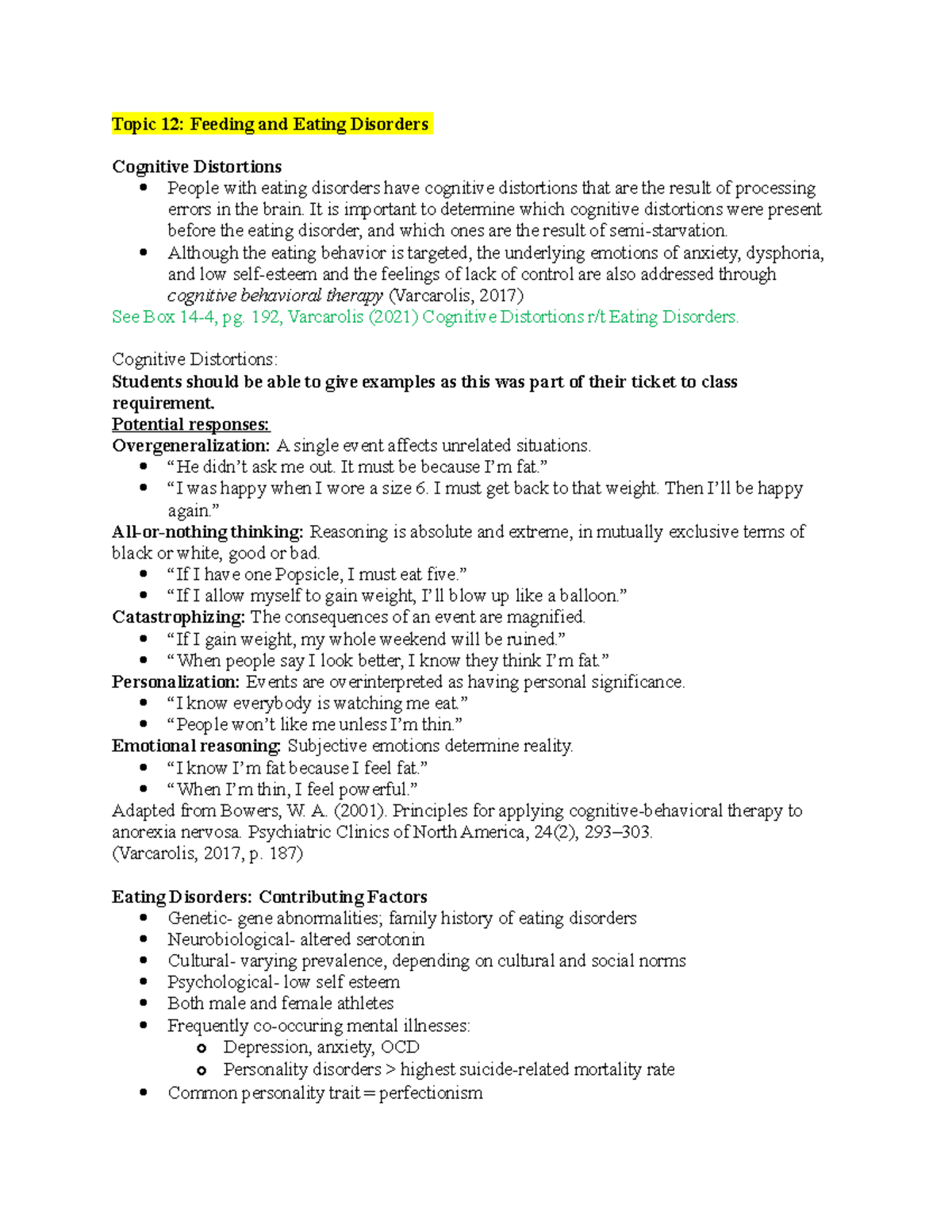NSG322 Final Topics - Topic 12: Feeding and Eating Disorders Cognitive ...