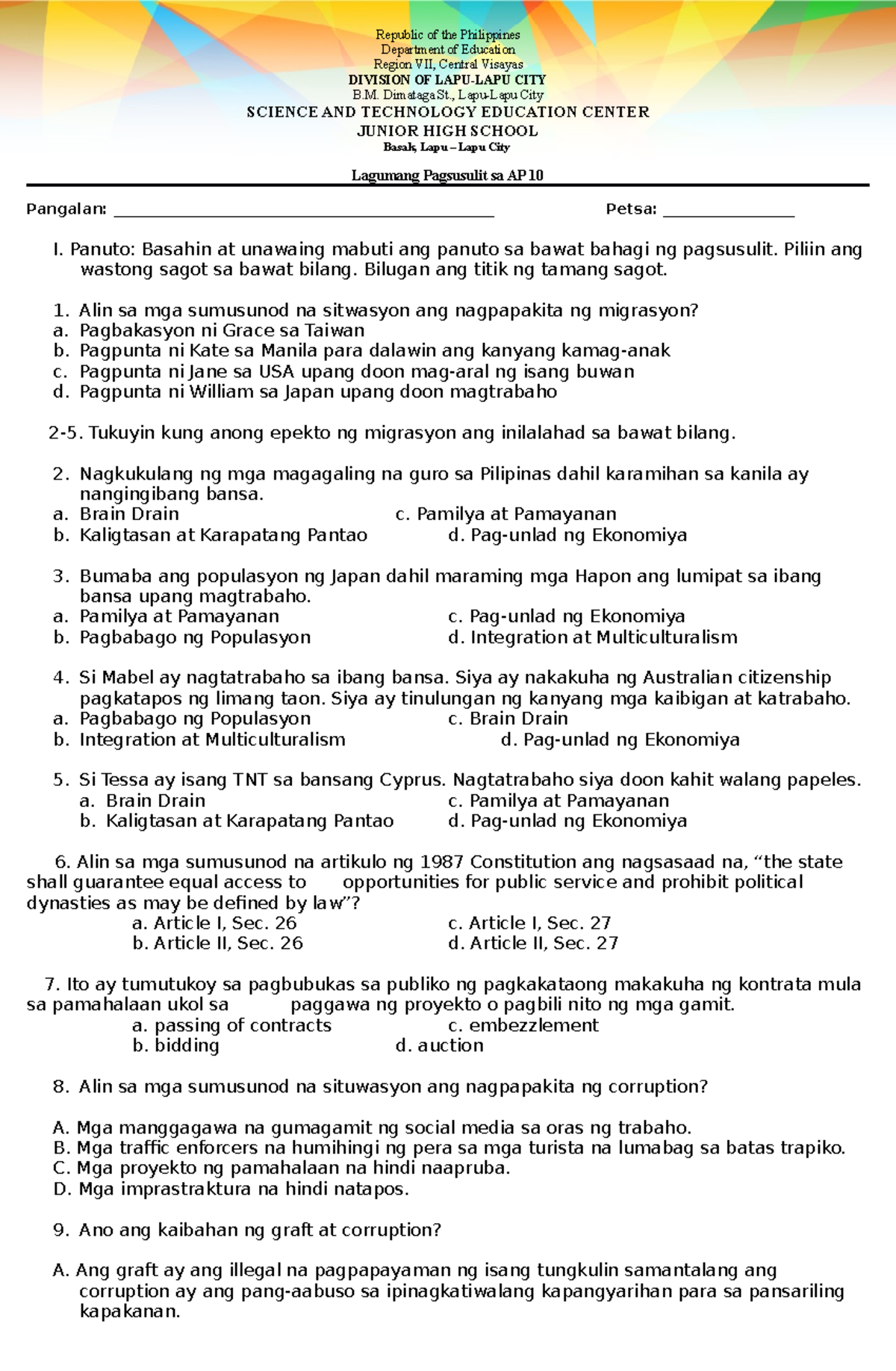 2nd Quarter Summative Exam in AP 10 - Department of Education Region ...