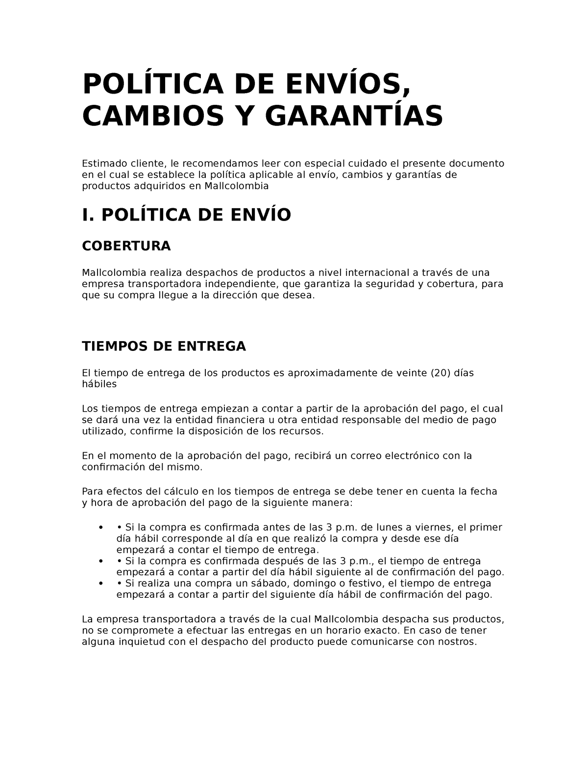 Política De Envíos Trabajo Politicas De Envios PolÍtica De EnvÍos Cambios Y GarantÍas 9591