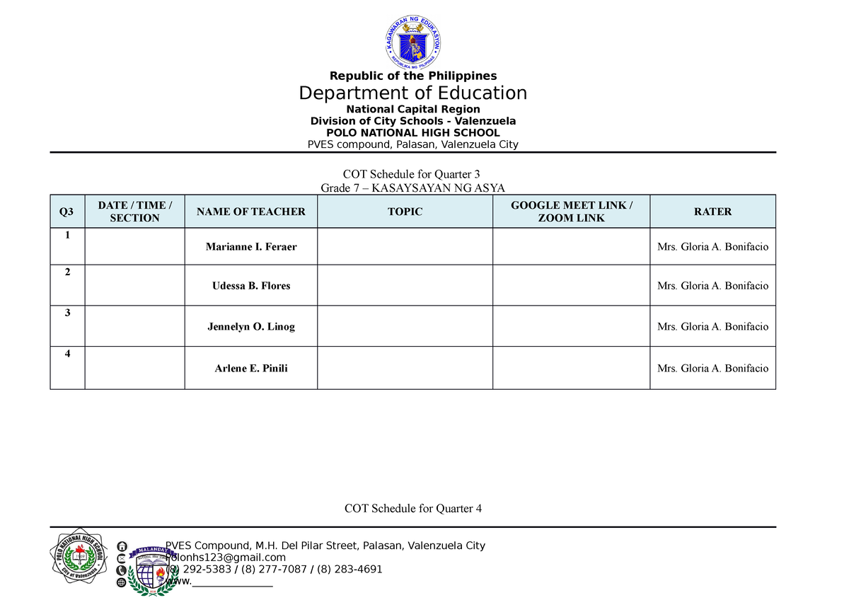 Quarter 4 COT SY2022 Observation Tool - Department Of Education ...