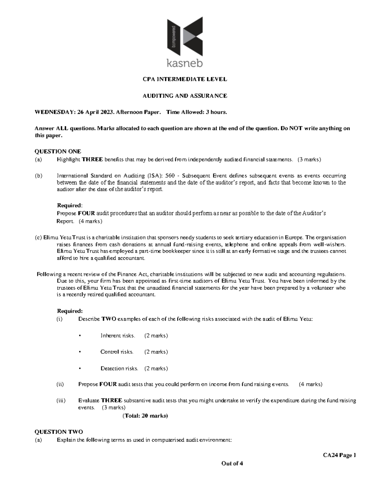 CA24 Auditing and Assurance - CA24 Page 1 CPA INTERMEDIATE LEVEL ...