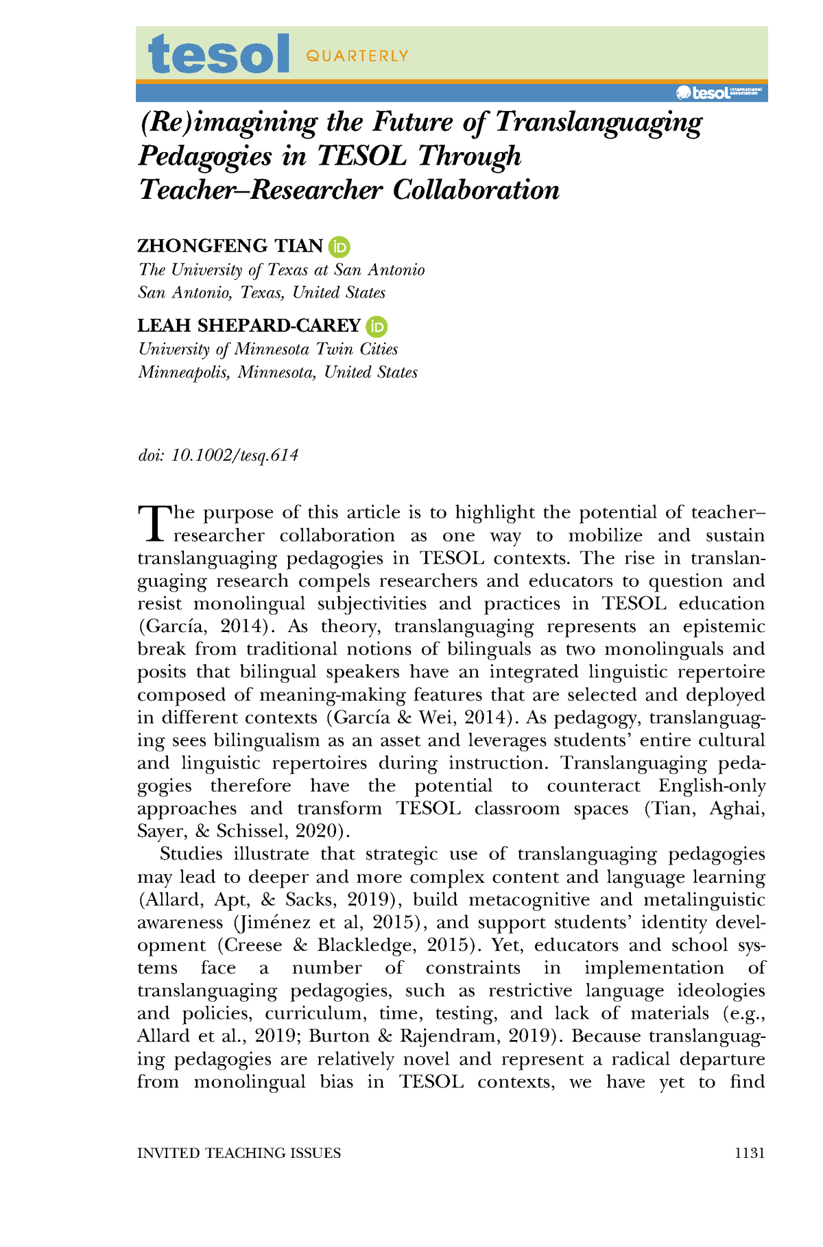 Tesq - EDF4611 - (Re)imagining The Future Of Translanguaging Pedagogies ...