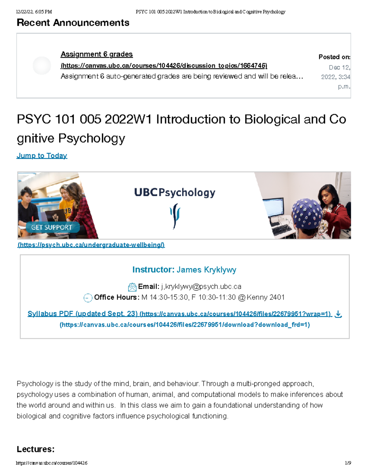 PSYC 101 005 2022W1 Introduction to Biological and Cognitive Psychology ...